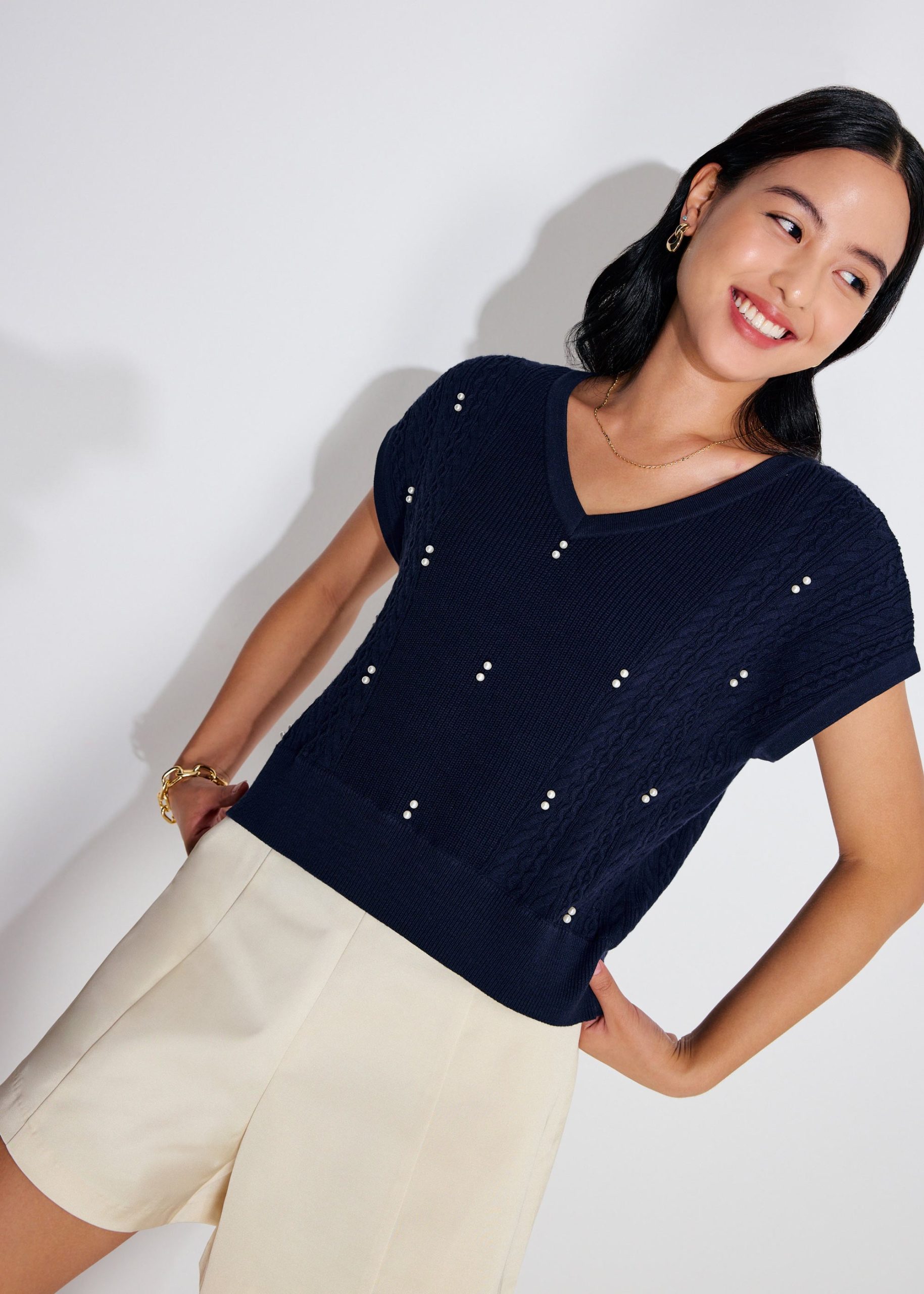 Relaxed Pearl Embellished Cable Knit Shell Top - Image 7