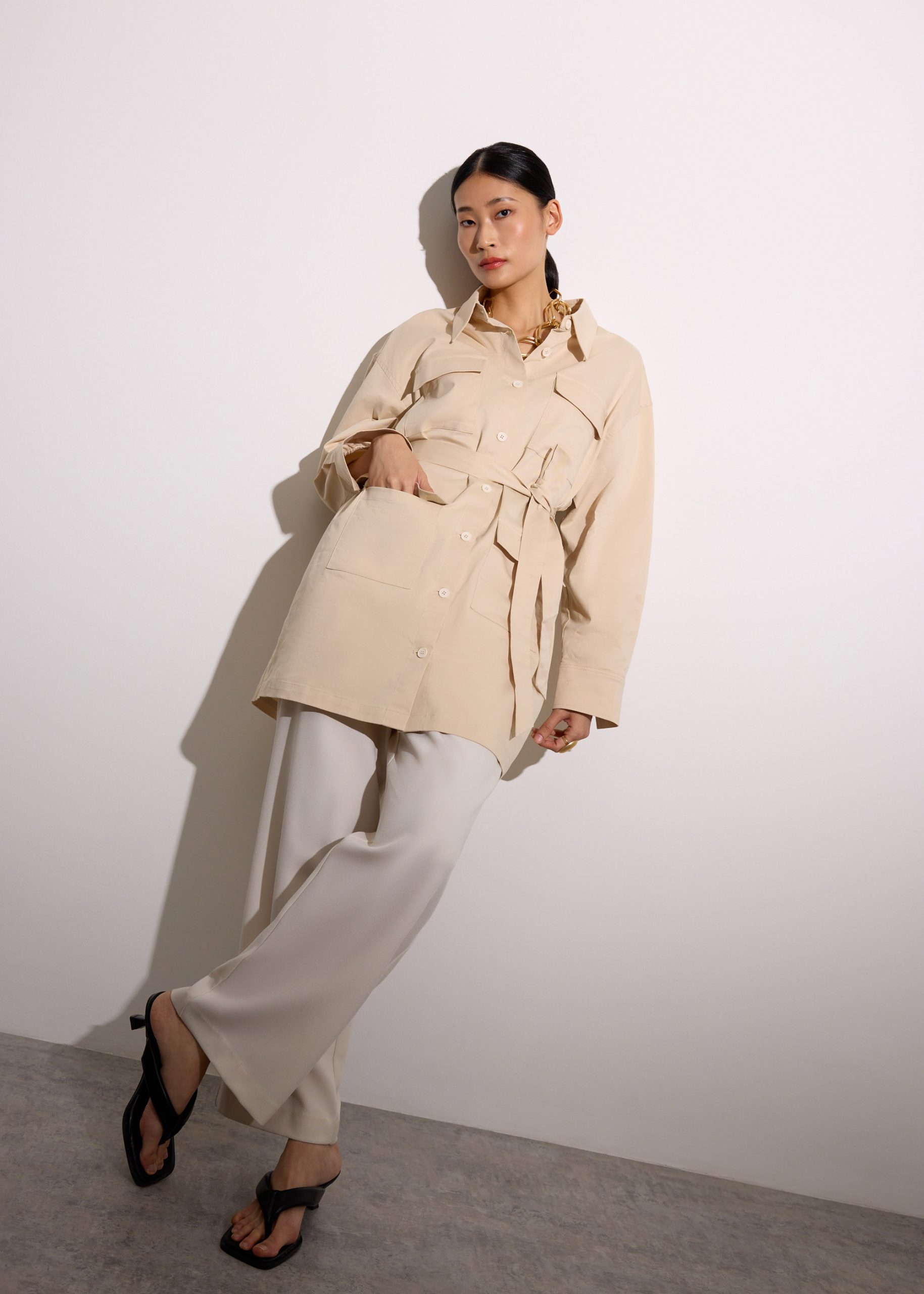 Oversized Cotton Twill Button Down Utility Shirt Dress - Image 8