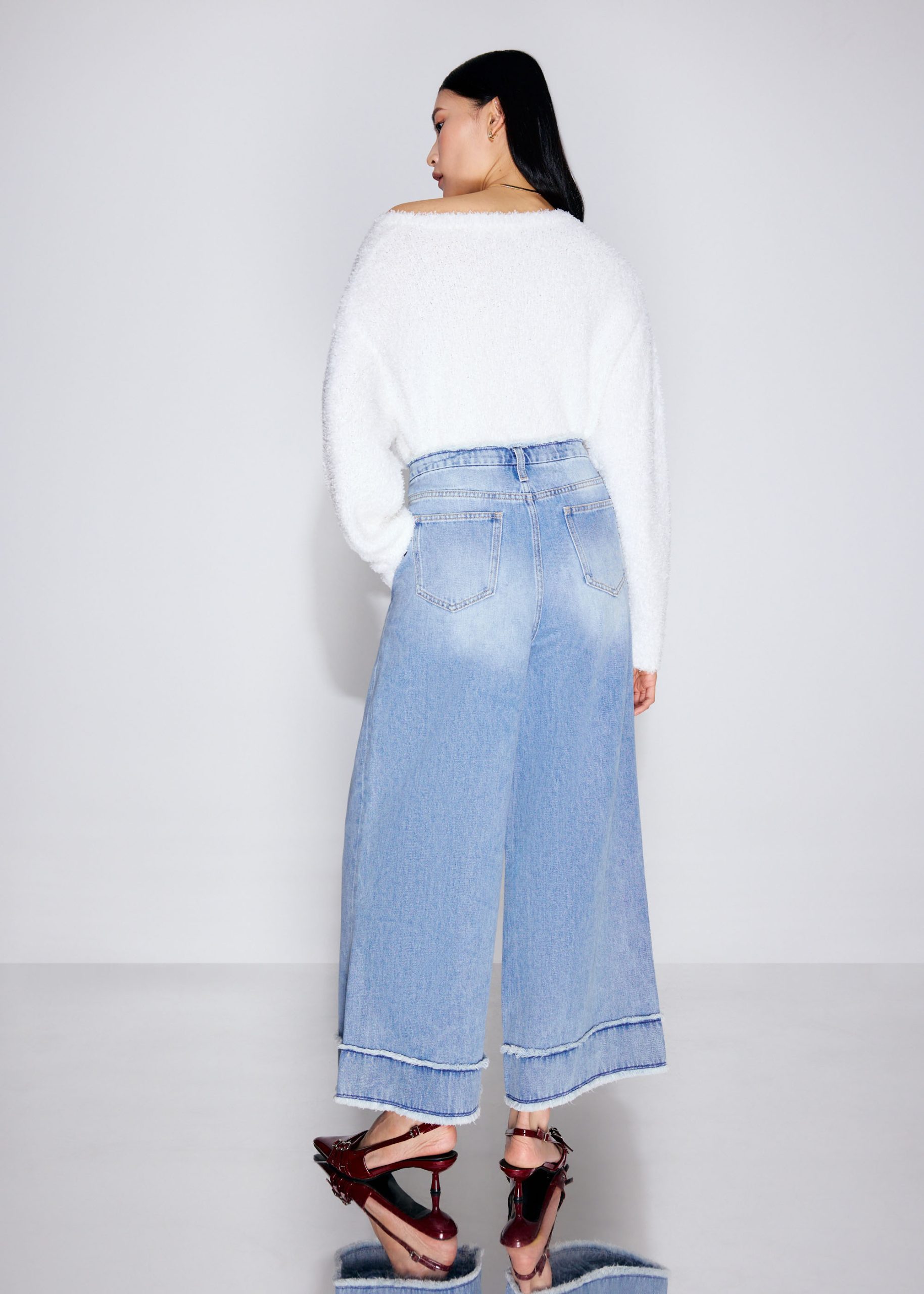 Denim Frayed Hem Mid Waist Wide Leg Jeans - Image 13