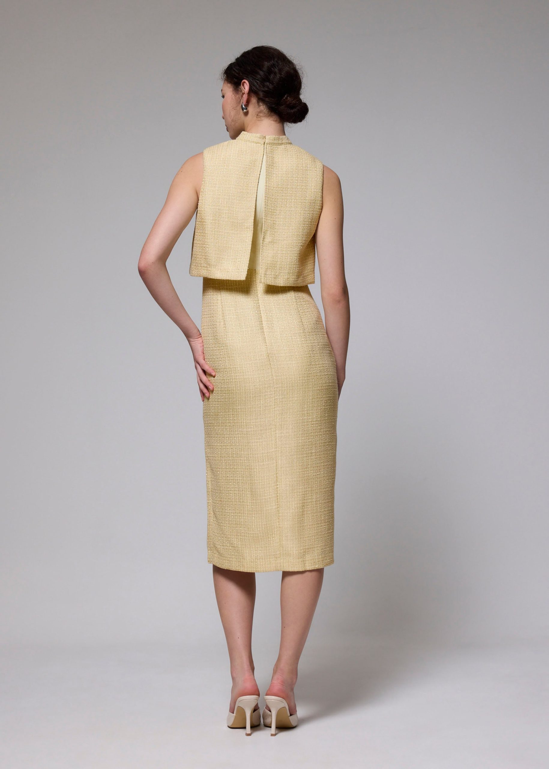 Tweed Mandarin Collar Column Midi Dress - Image 10