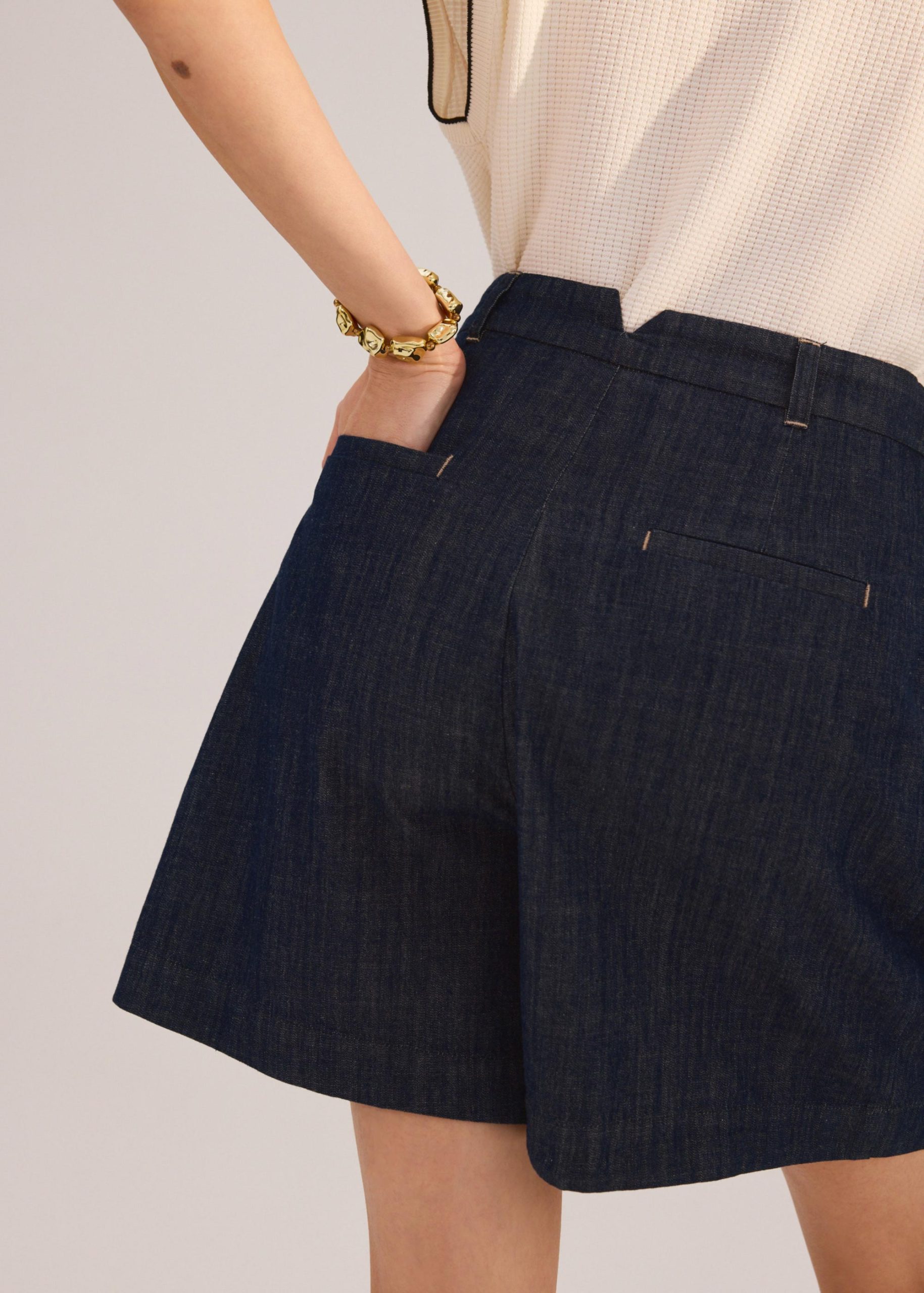 Denim Front Pleat A-Line Bermuda Shorts - Image 2