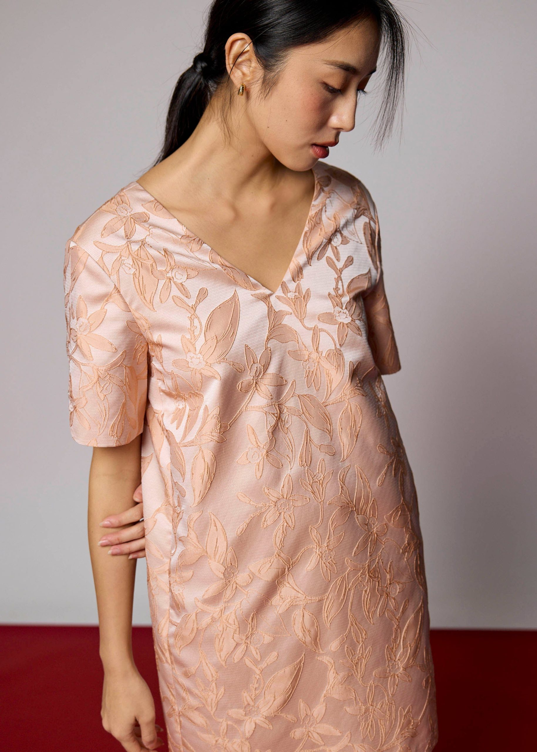 Brocade V-neck Shift Mini Dress - Image 6