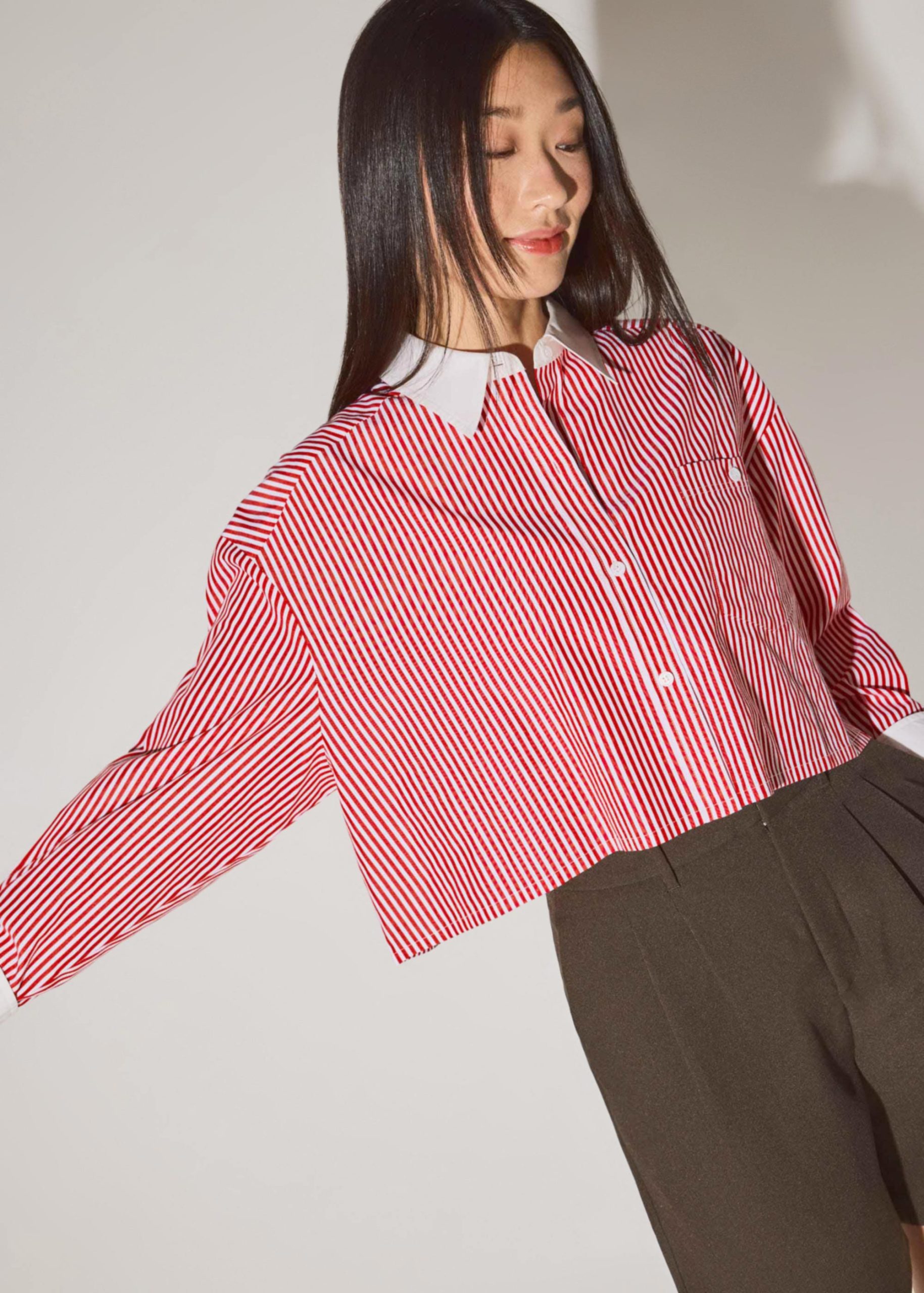 RuchedReady® Striped Cotton Collared Boxy Button Down Top - Image 5