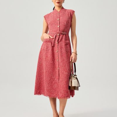 Fei Belted Tweed Mandarin Collar Fit & Flare Midaxi Dress