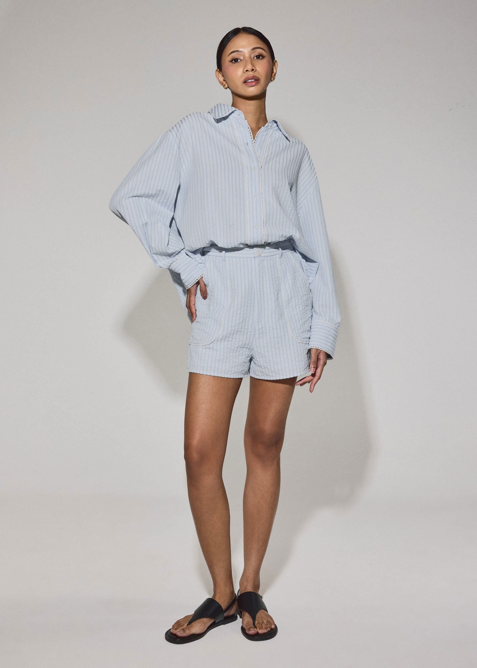 Elastic Striped Cotton Scallop Trim A-line Shorts