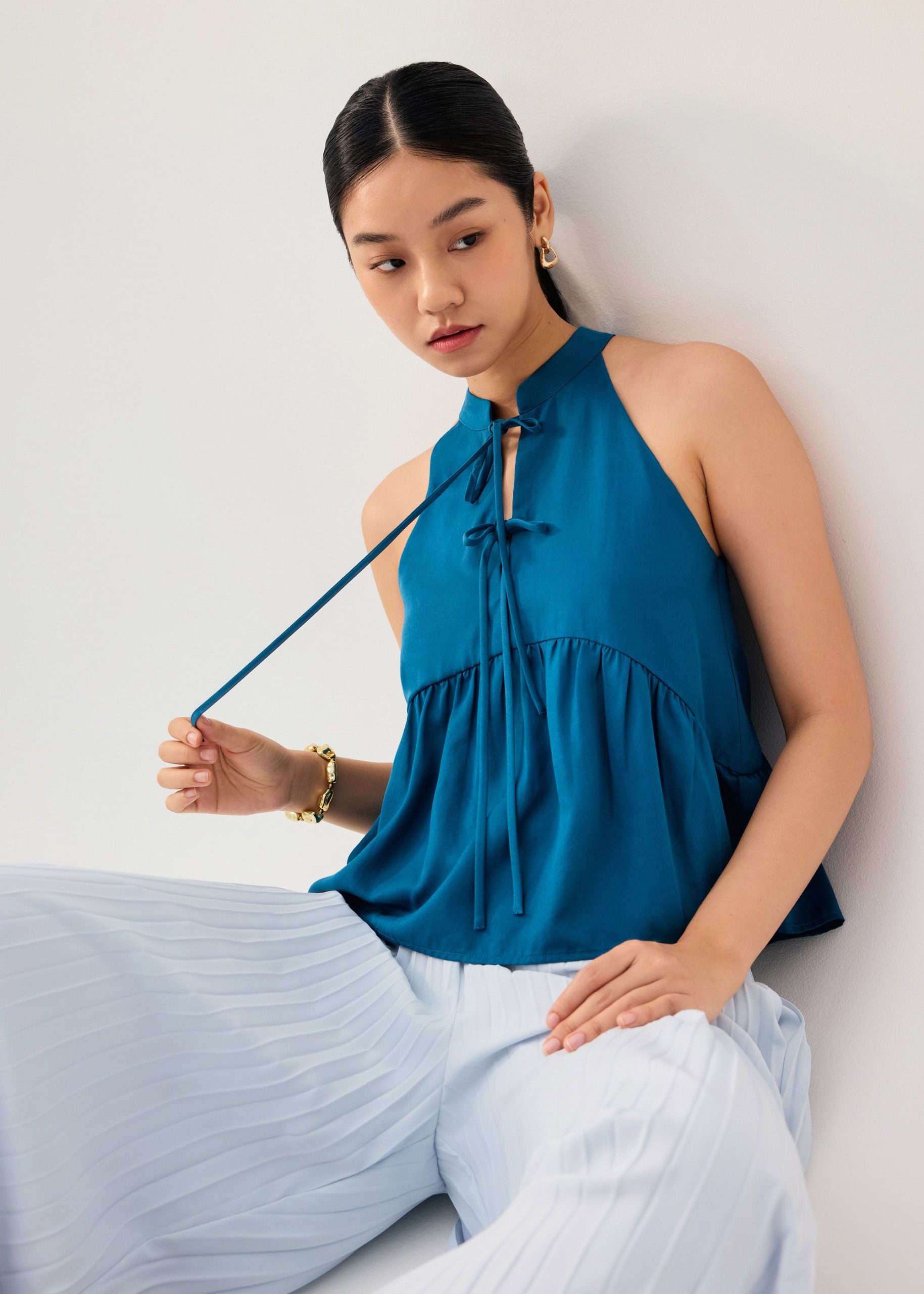 Lyocell Pleated Front Tie Mandarin Collar Peplum Shell Top - Image 12