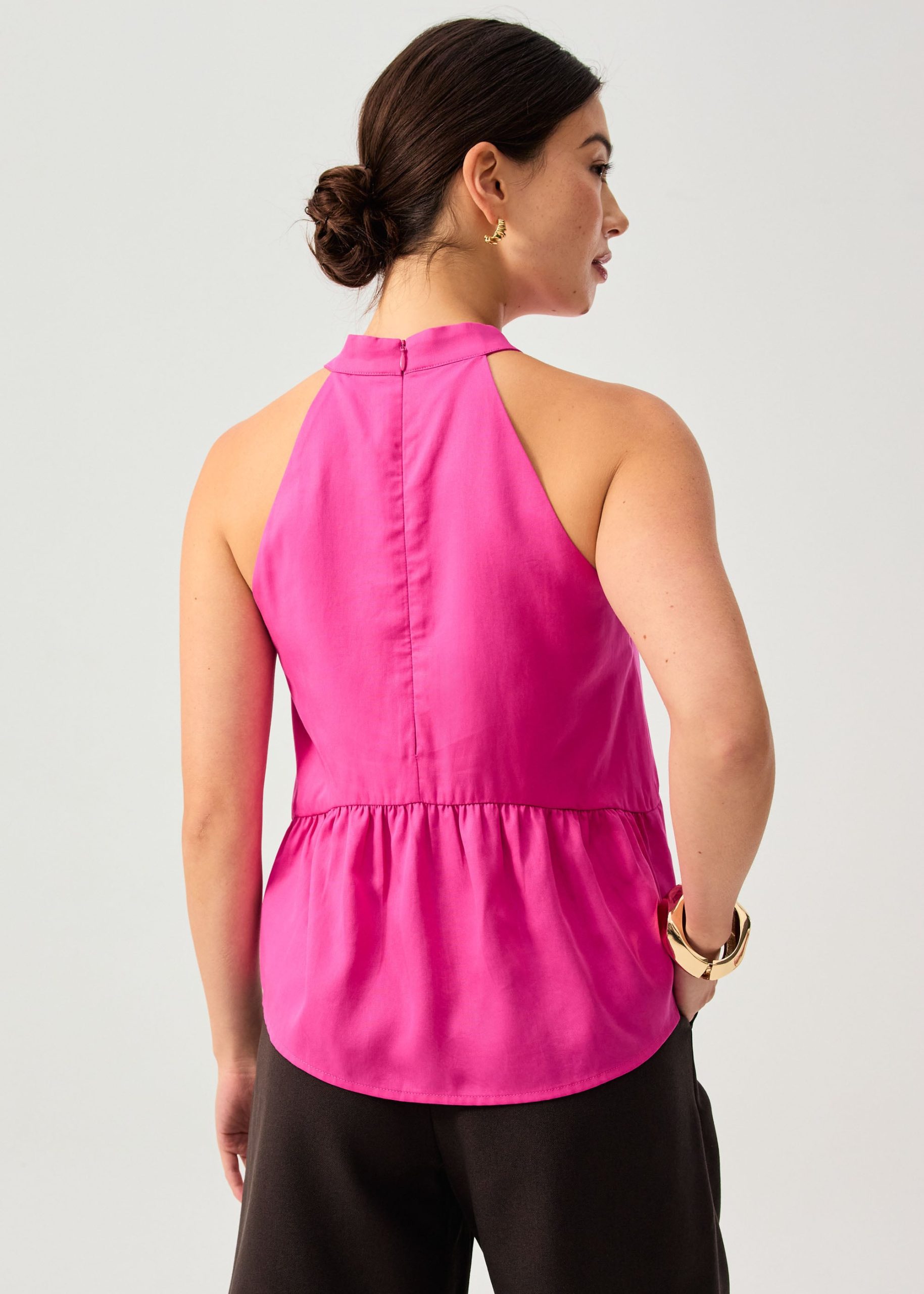 Lyocell Pleated Front Tie Mandarin Collar Peplum Shell Top - Image 14