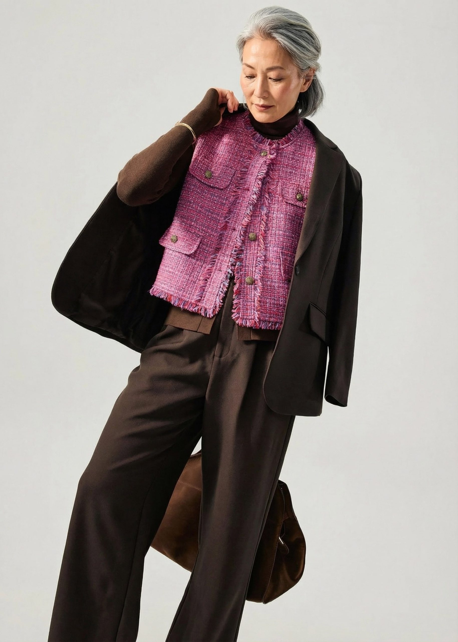 Oversized Tweed Frayed Hem Round Neck Vest - Image 4