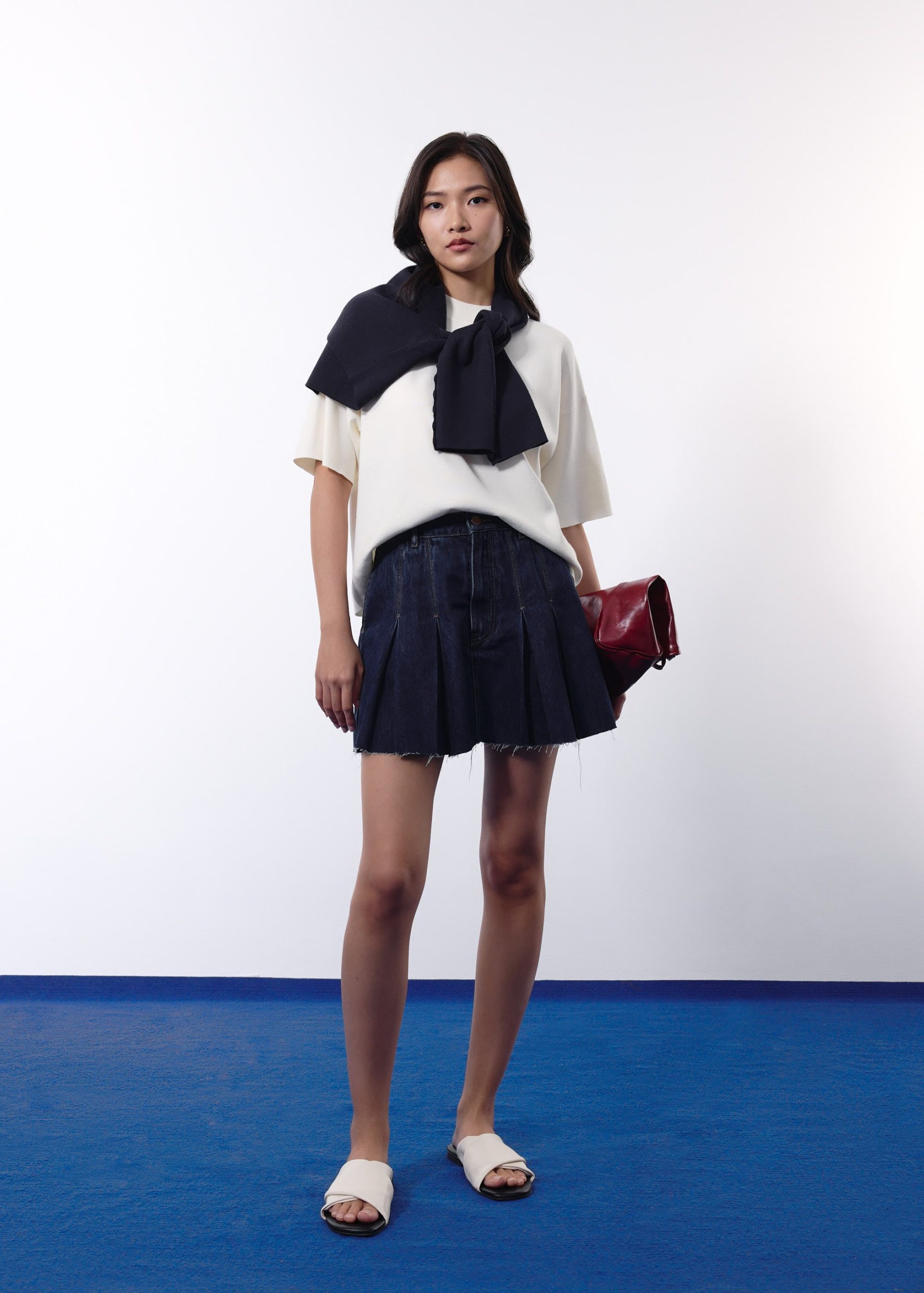 Contrast Stitch Denim Pleated High Waist A-line Mini Skirt - Image 4