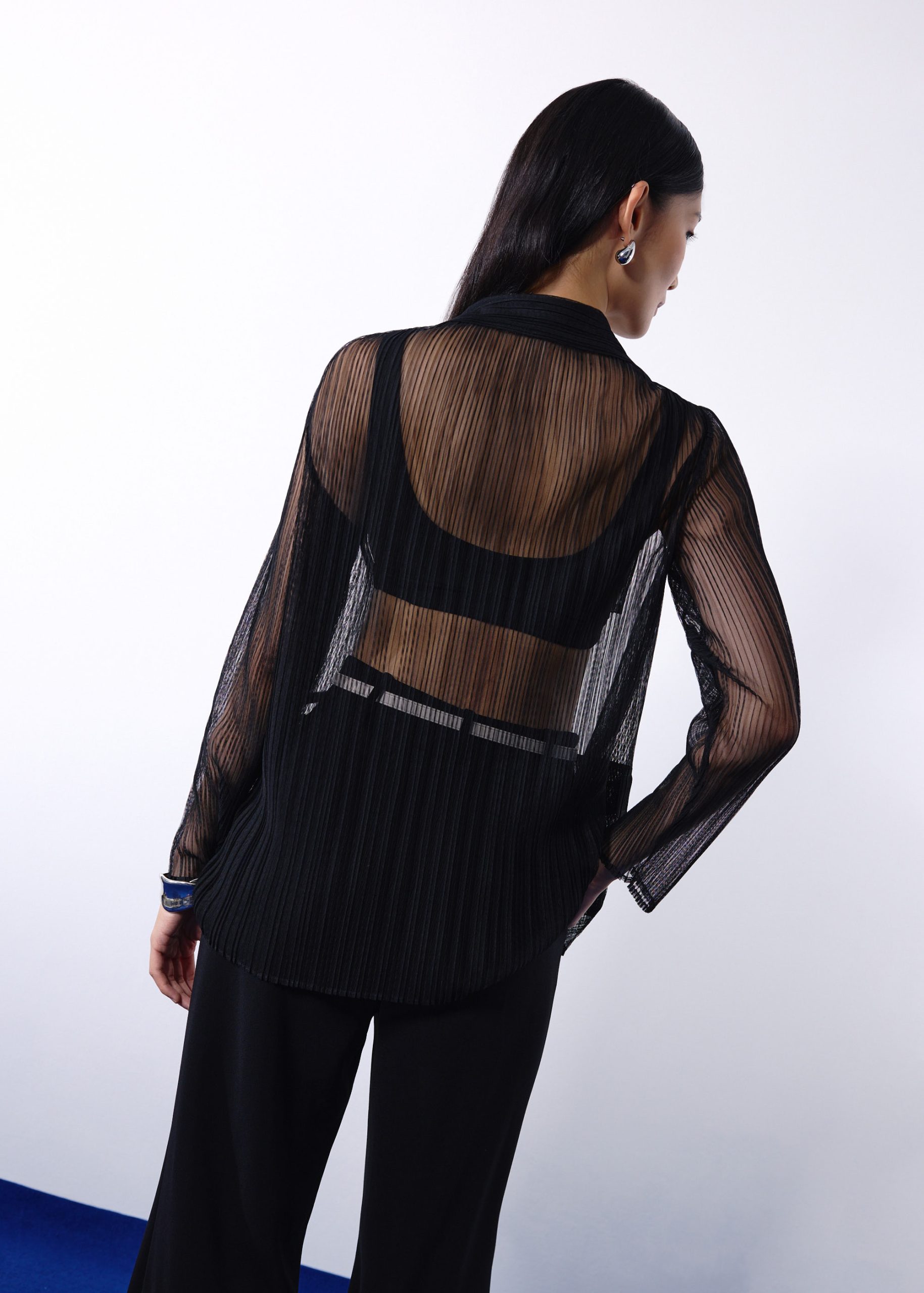 Sheer Plisse Collared Button Down Shirt - Image 7