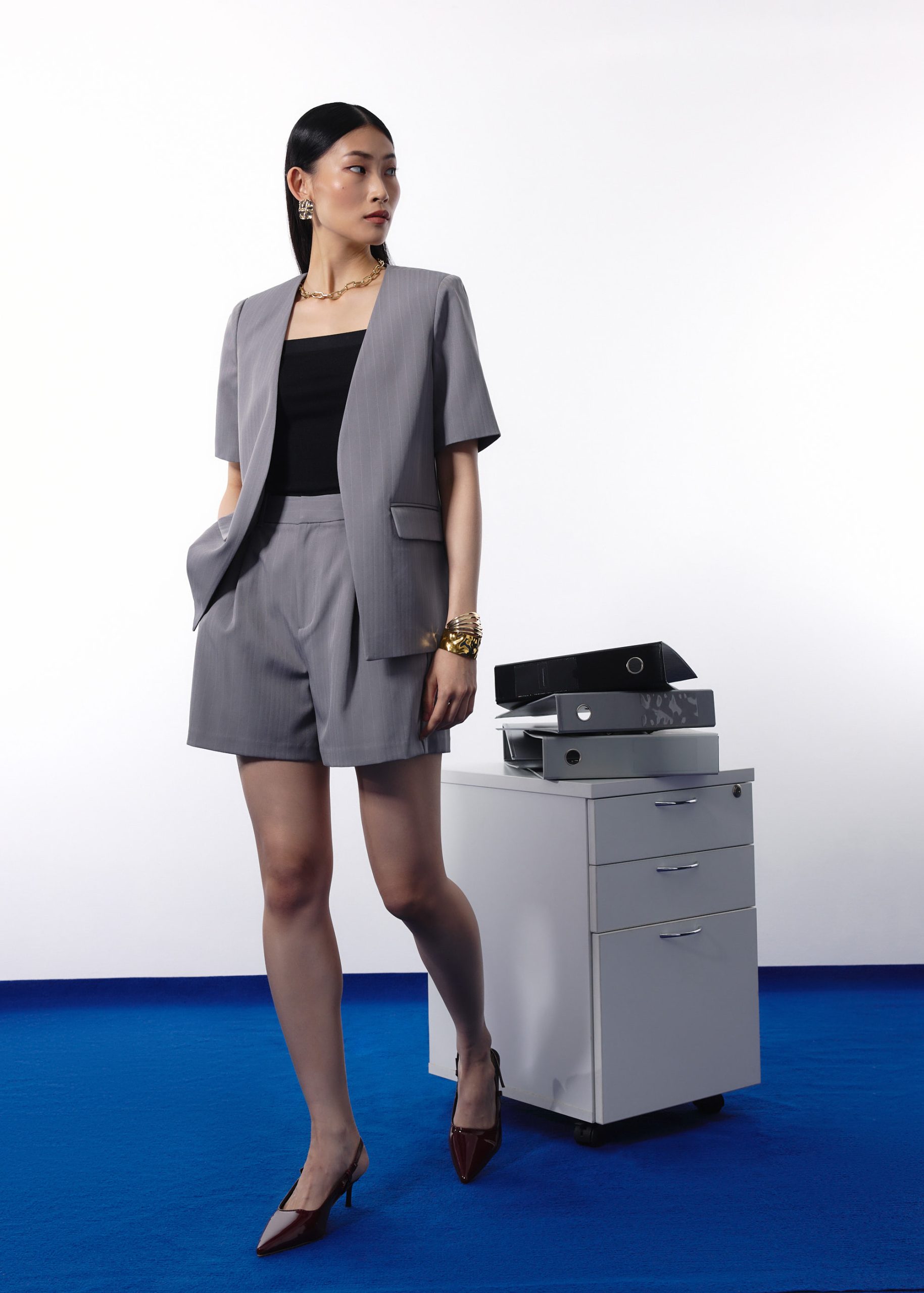 Dylan Pinstripe Collarless Boxy Blazer - Image 6