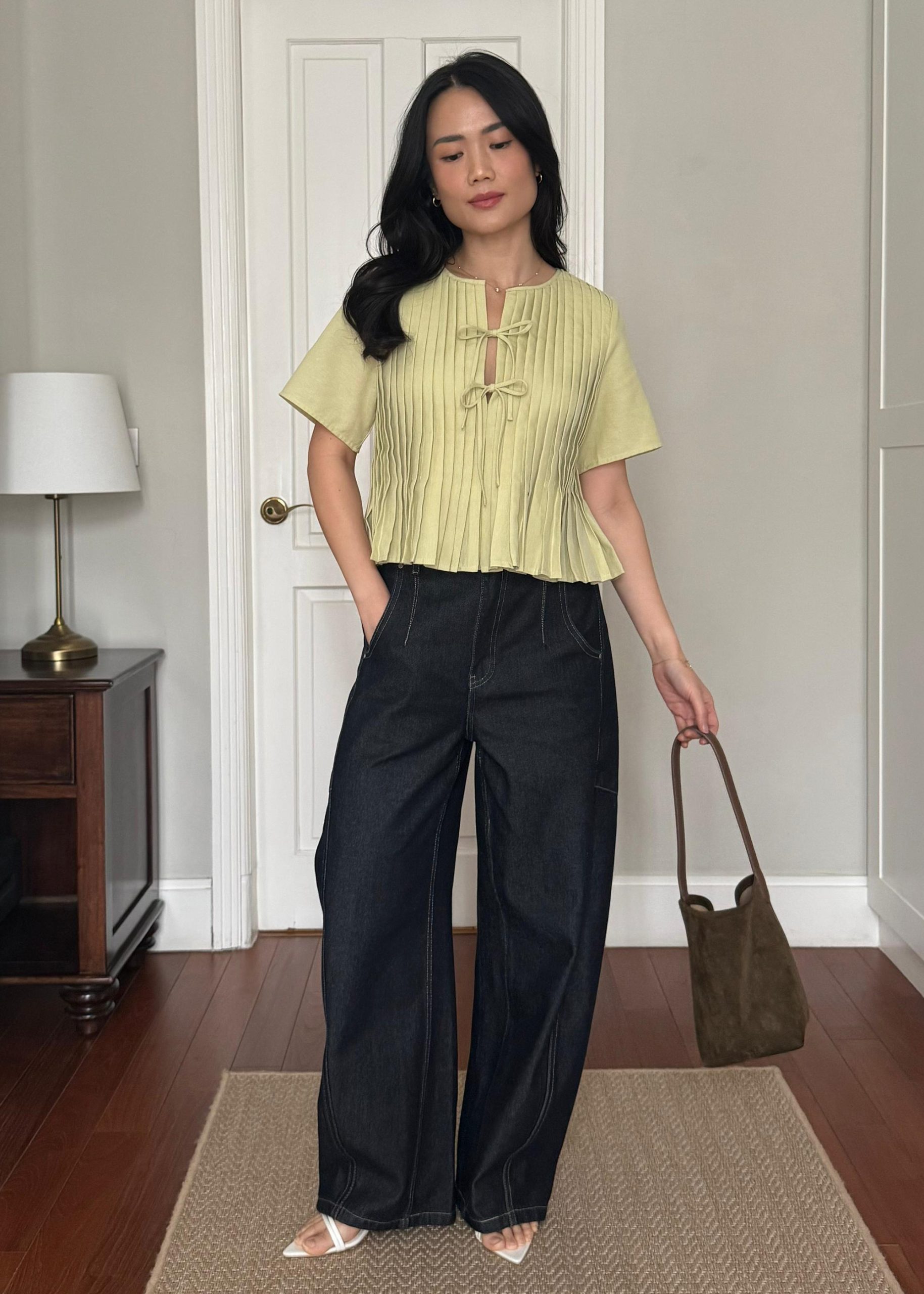 Oxford Pintuck Notched Peplum Top - Image 13