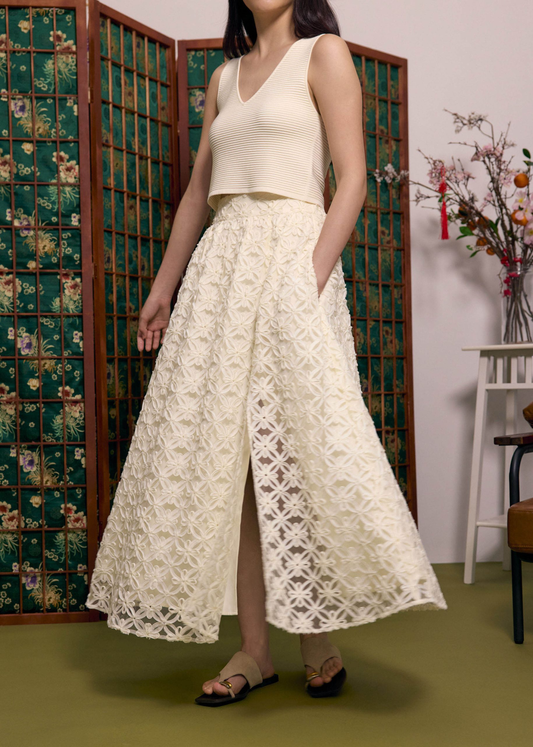 Lace High Waist Flare Maxi Skirt - Image 2