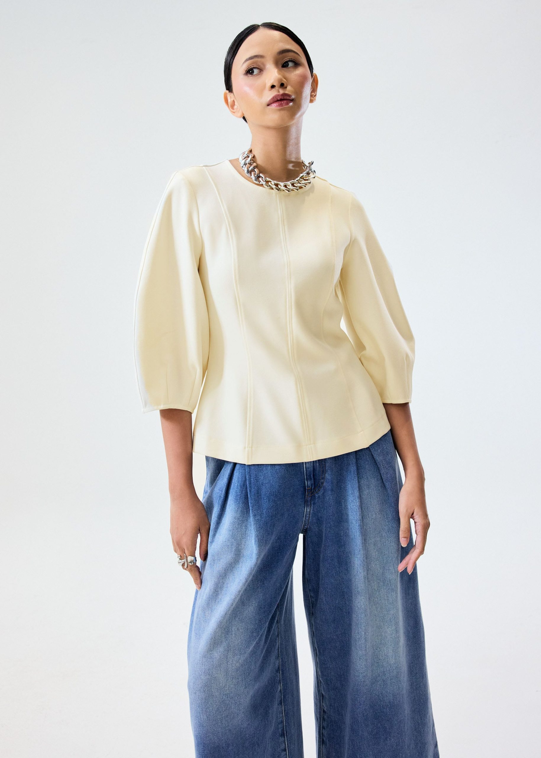 Eunice Panelled Round Neck Puff Sleeve Top - Image 6