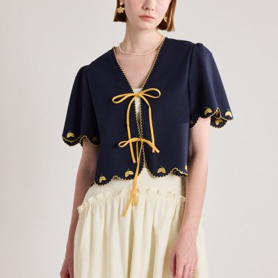 Embroidered Ribbon Tie Blouse
