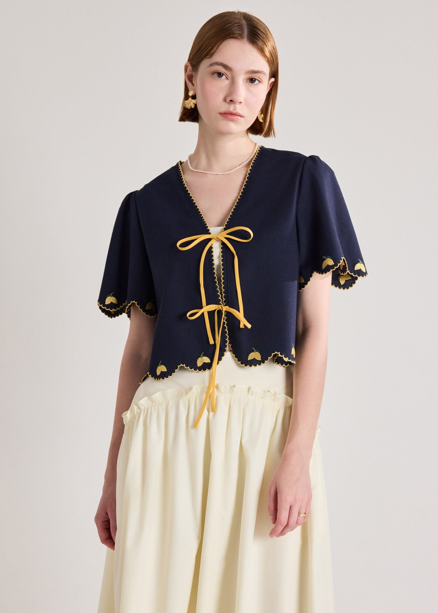 Embroidered Ribbon Tie Blouse