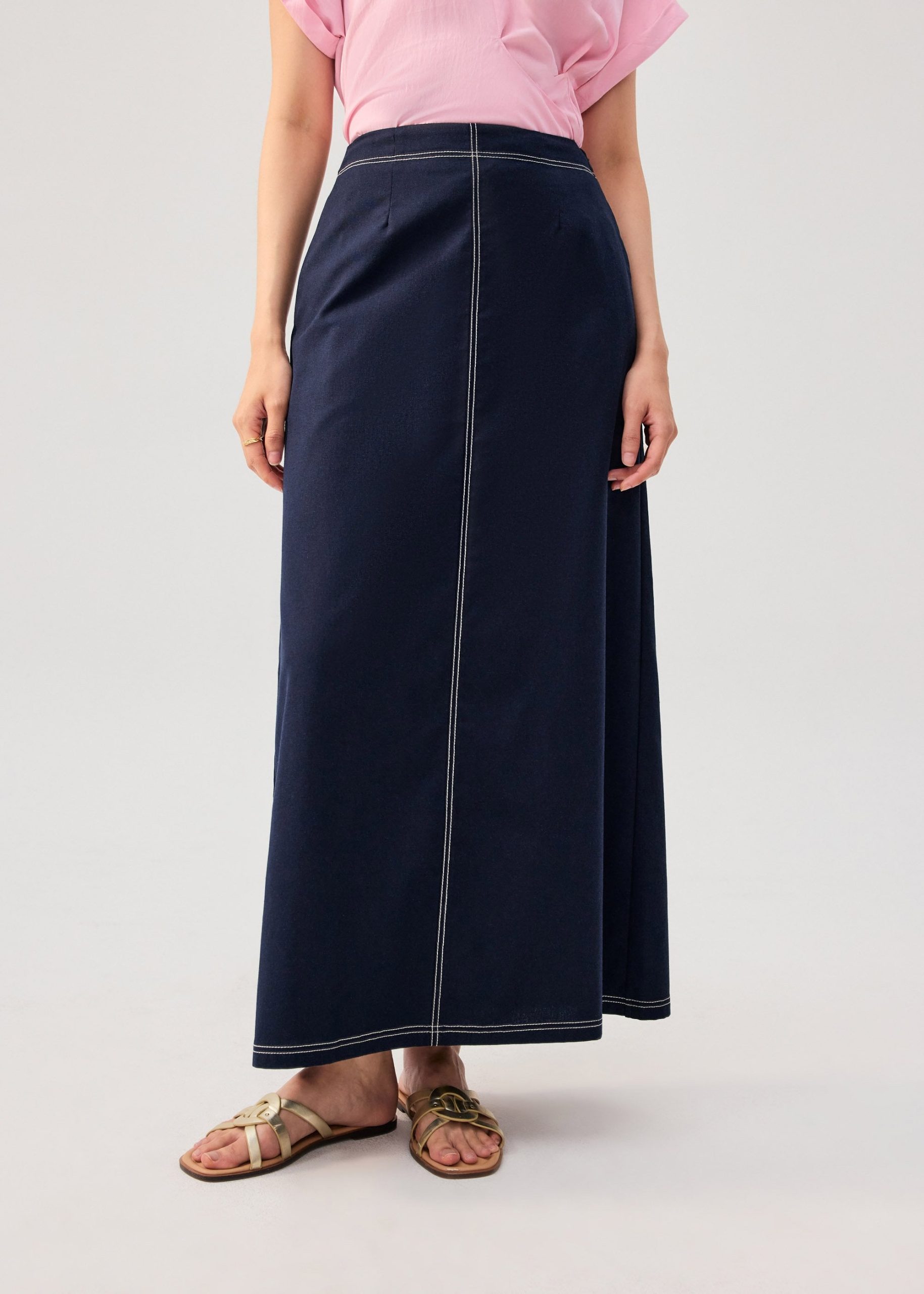 Elastic Contrast Stitch High Waist A-line Maxi Skirt - Image 2