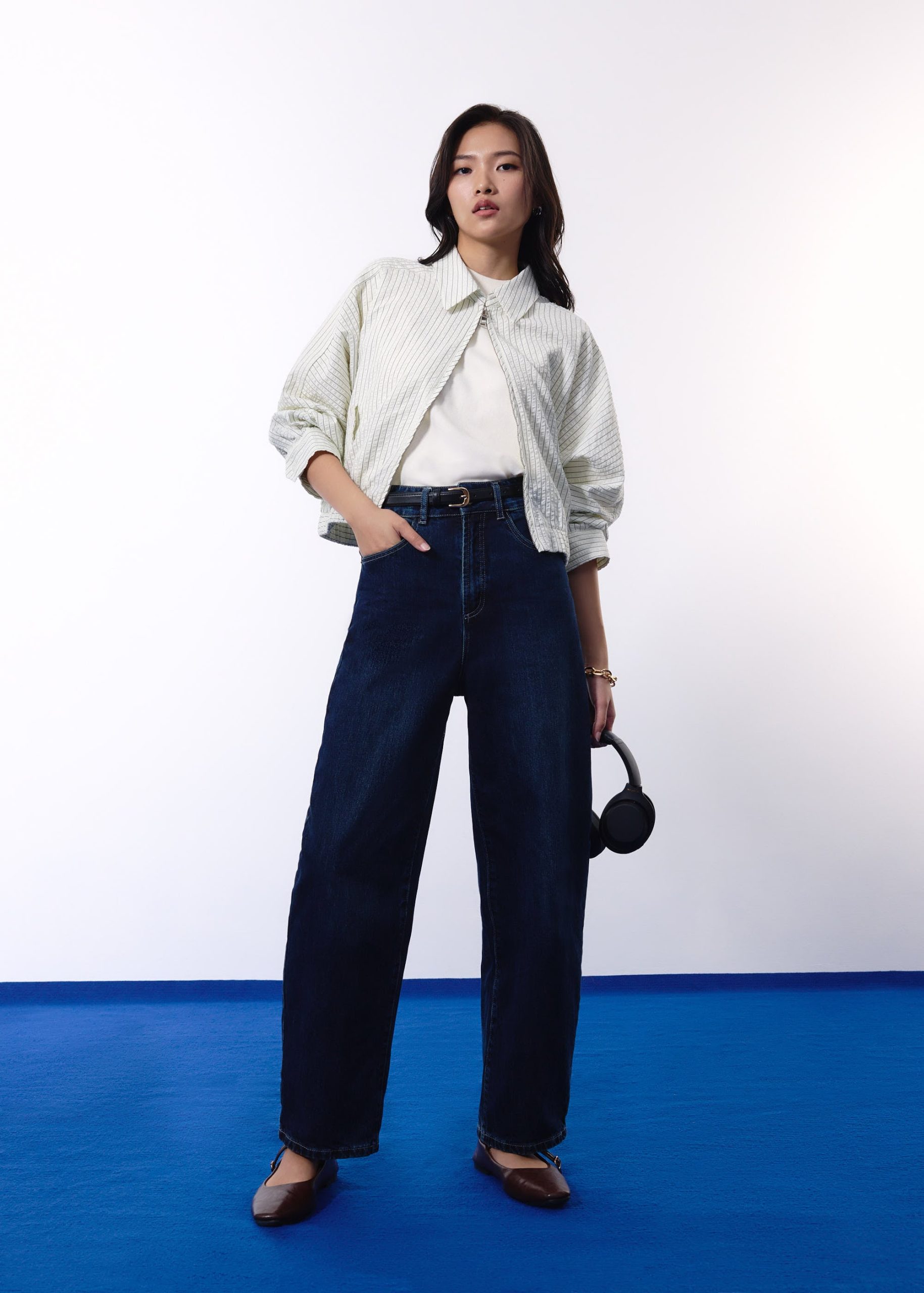 RuchedReady® Relaxed Pinstripe Seersucker Collared Crop Jacket - Image 3