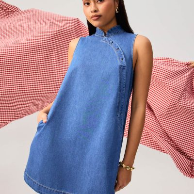 Denim Mandarin Collar Mini Dress