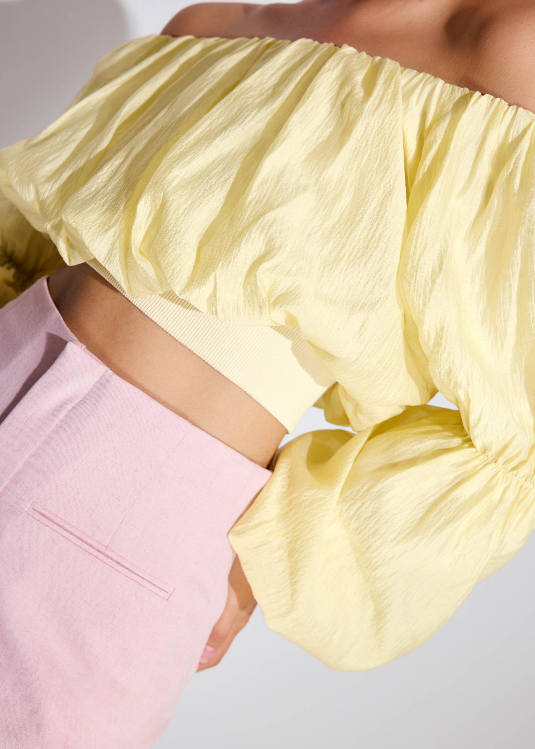 Elastic Lyocell Off-Shoulder Romantic Flare Sleeve Crop Top - Image 7