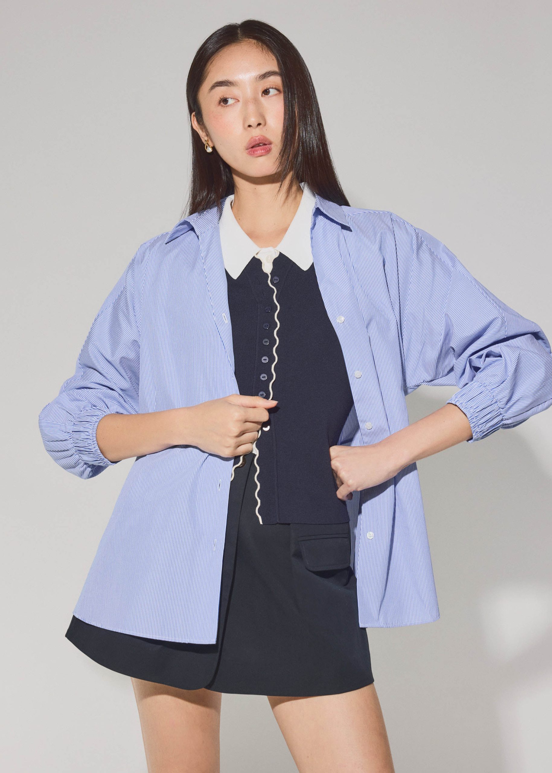 Striped Cotton Collared Puff Sleeve Button Down Top - Image 2