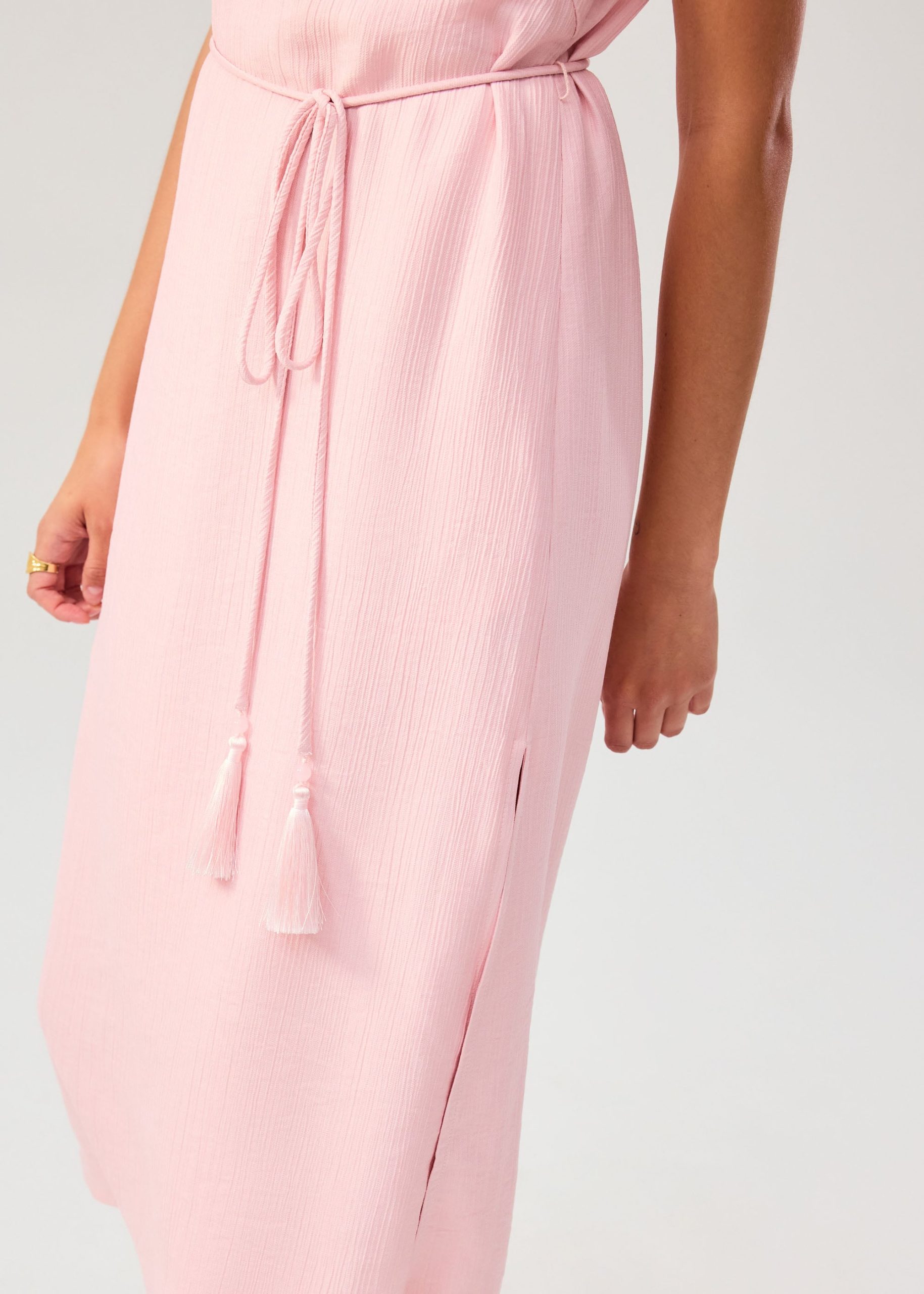 Detachable Sash Tie Crinkled Mandarin Collar Column Midi Dress - Image 7