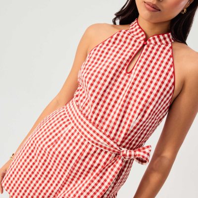 Gingham Cotton Mandarin Collar A-line Romper