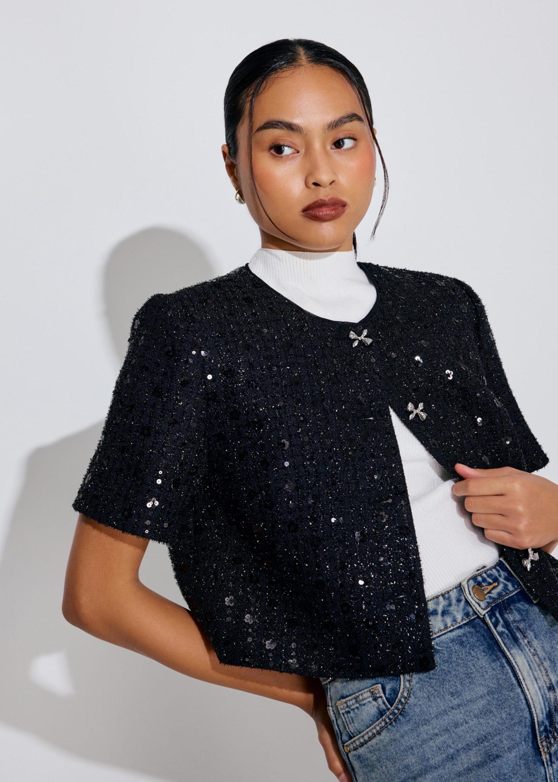 Meiyan Sequin Tweed Round Neck Boxy Button Down Crop Top - Image 4