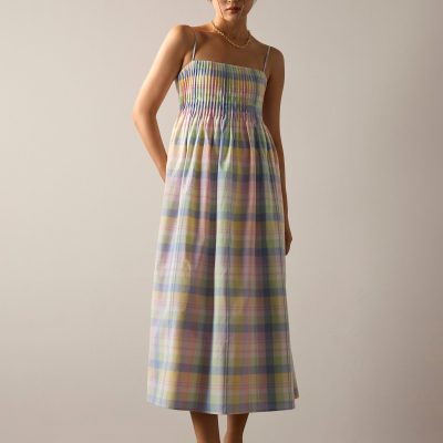 Checkered Cotton Fit & Flare Maxi Dress
