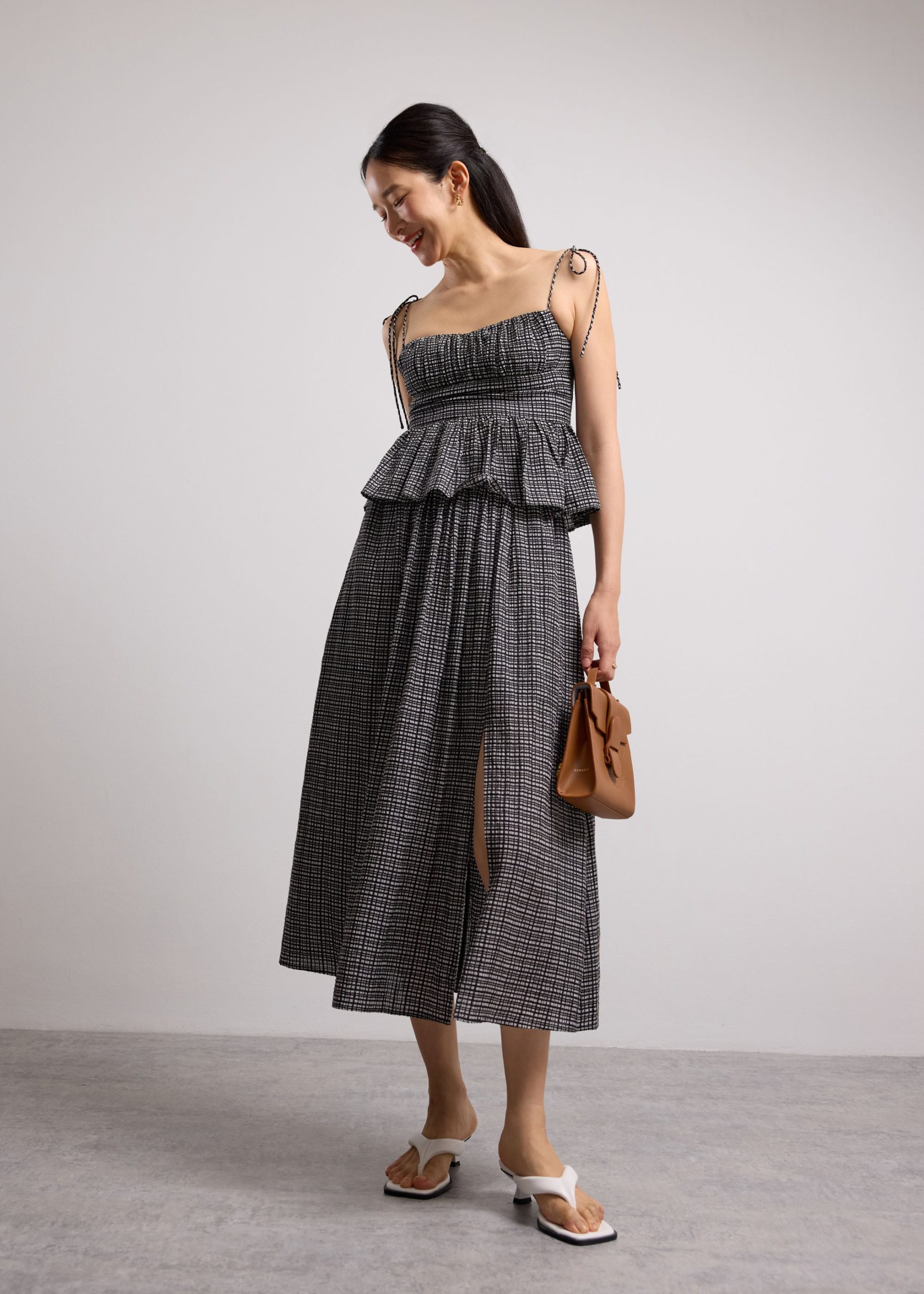 Crinkled Check Lyocell Sweetheart Camisole Peplum Top - Image 3