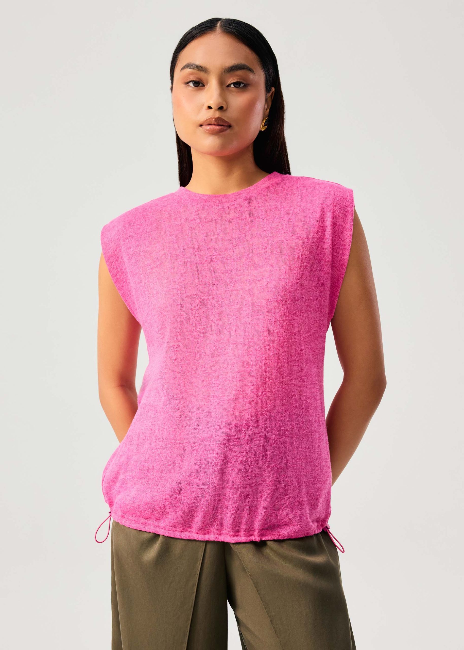 Relaxed Sheer Jersey Toggle Hem Round Neck Shell Top - Image 10