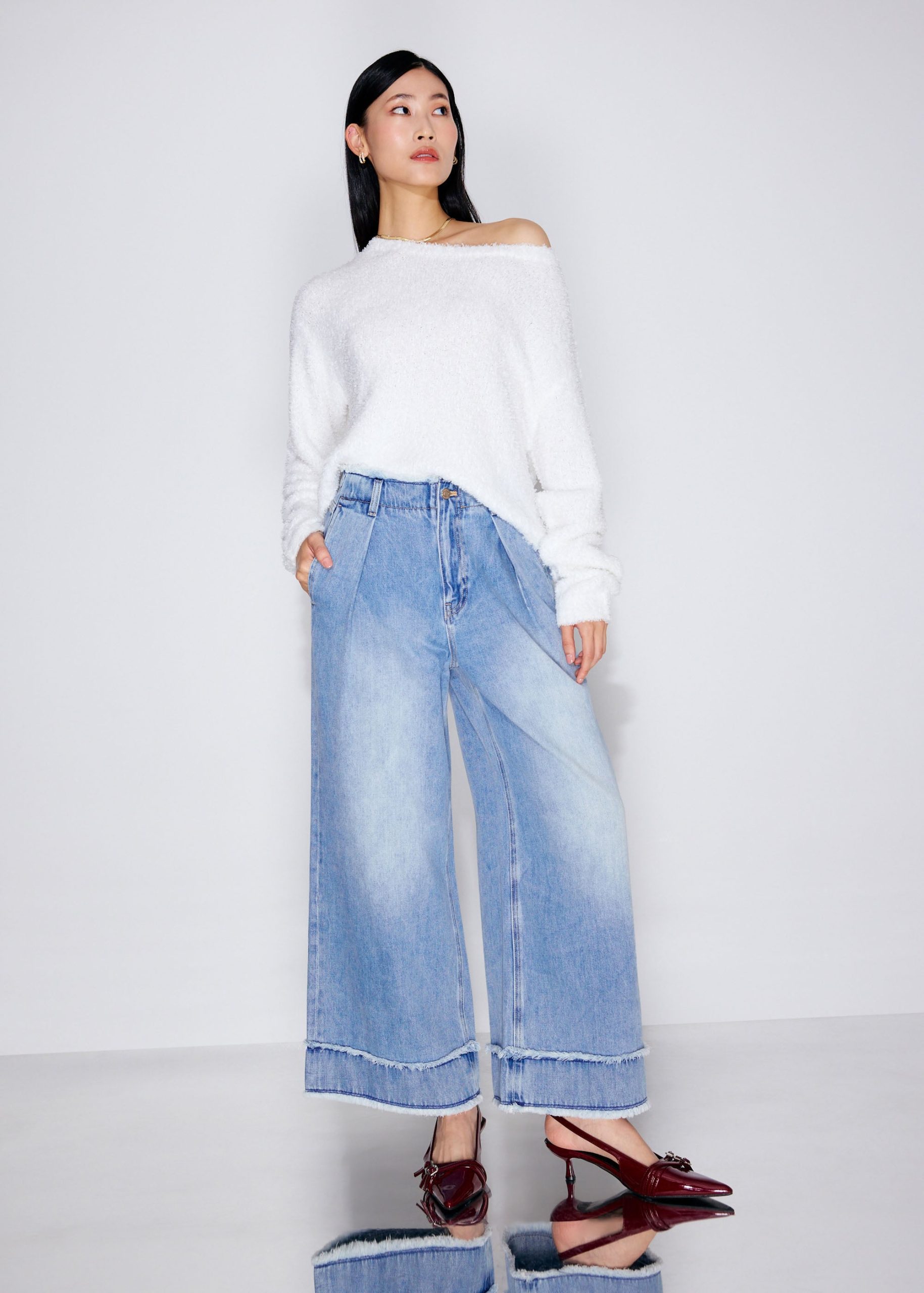 Denim Frayed Hem Mid Waist Wide Leg Jeans - Image 10
