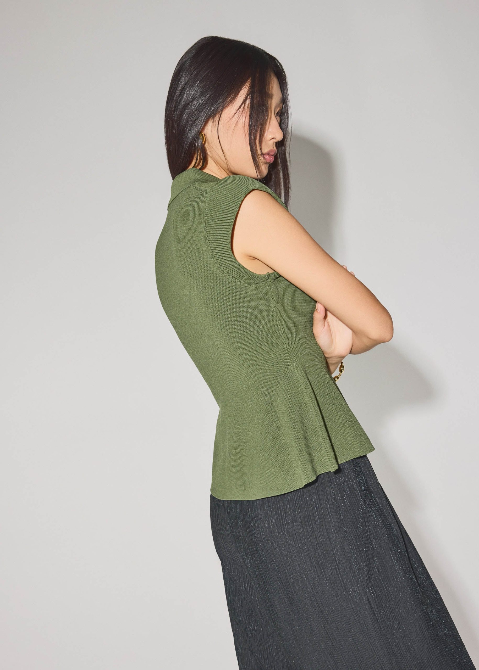 Knit Collared Peplum Polo Top - Image 11
