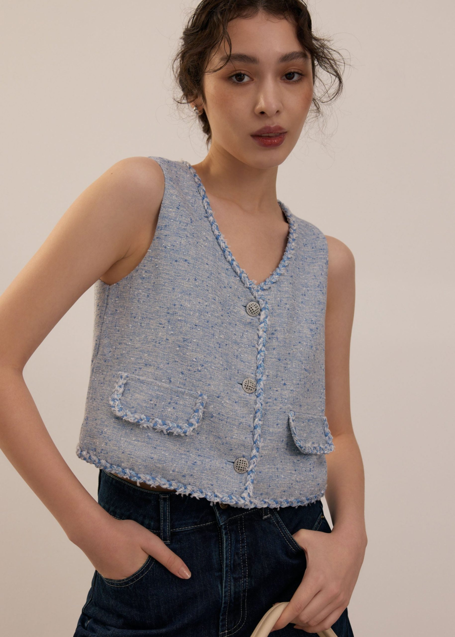 Tweed V-Neck Boxy Crop Vest - Image 2