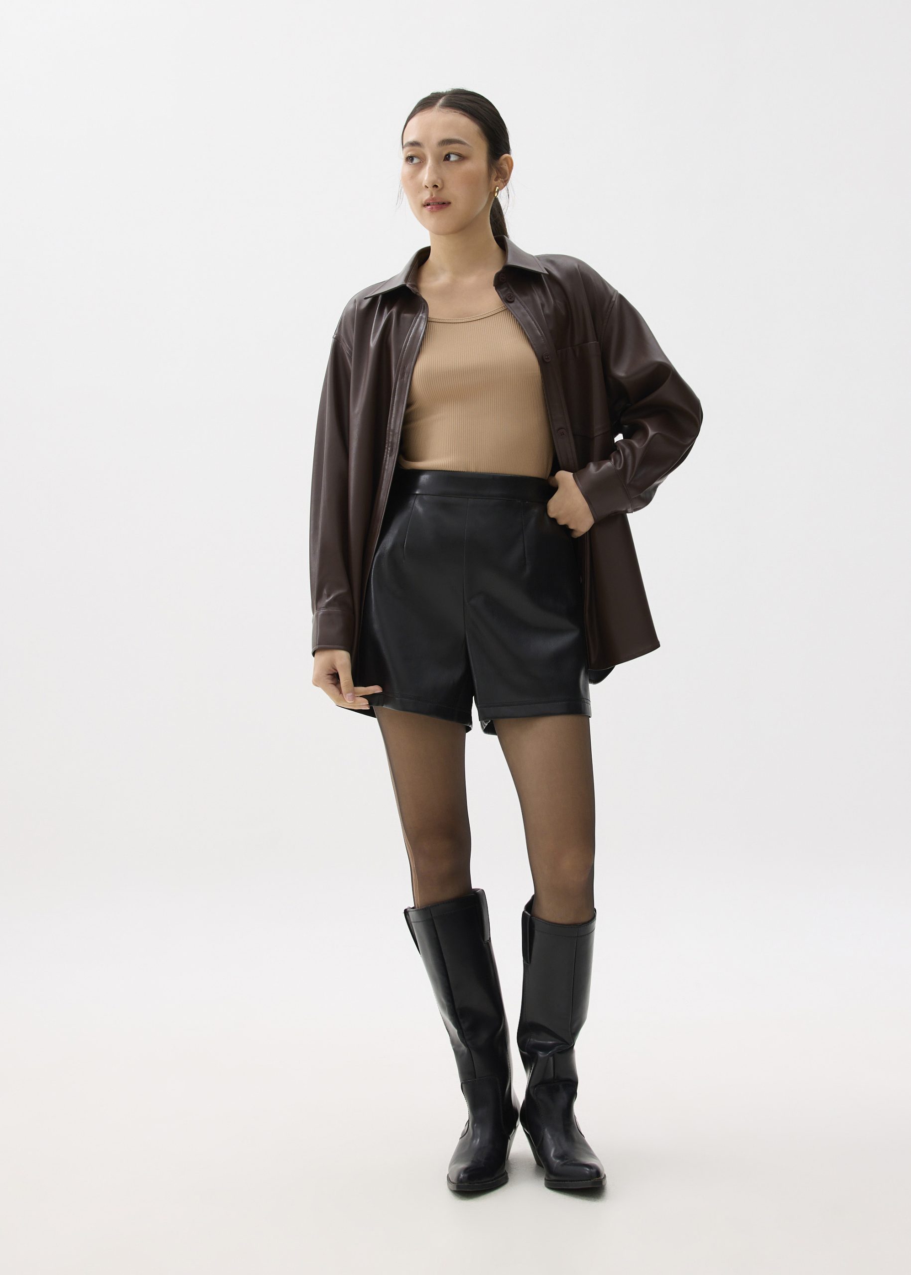 Elastic Vegan Leather High Waist A-line Shorts - Image 6