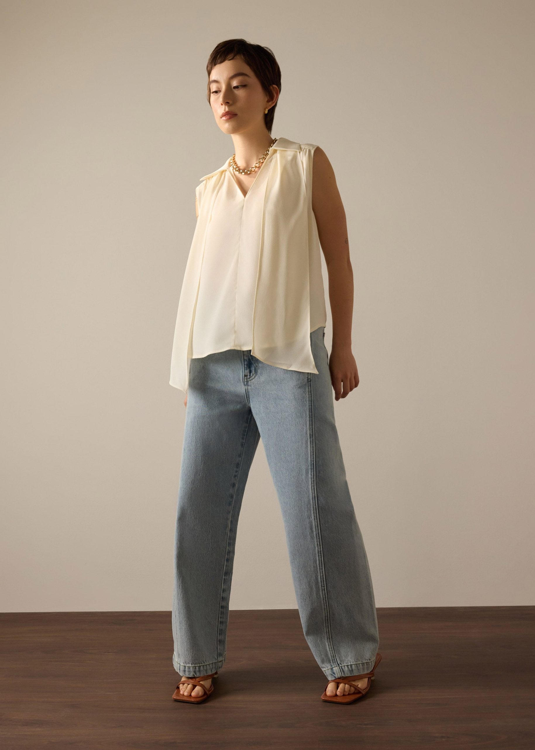 Ariska Detachable Sash Crepe Satin Collared Blouse - Image 10