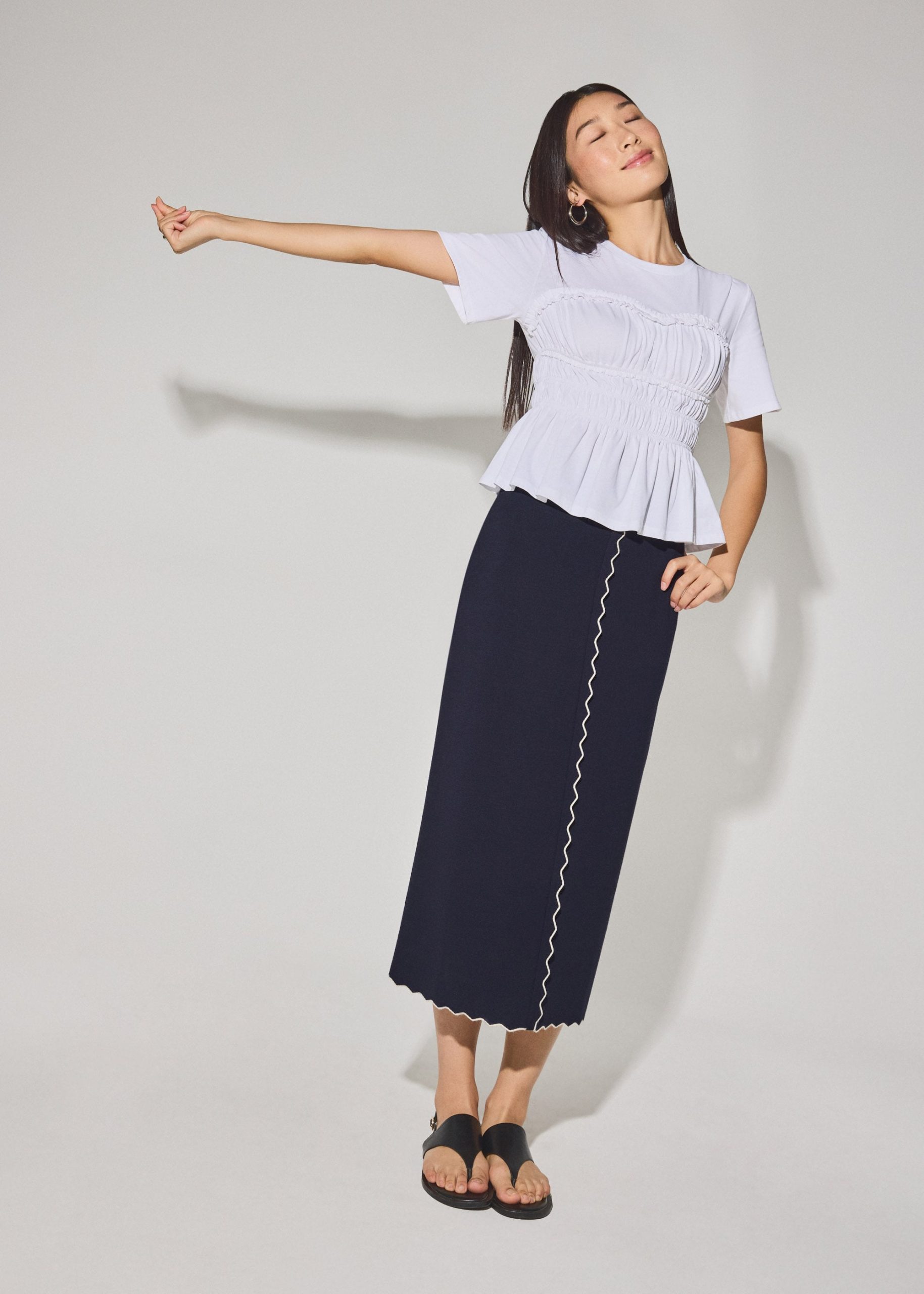 Jersey Ruched Bodice Round Neck Peplum Top - Image 7