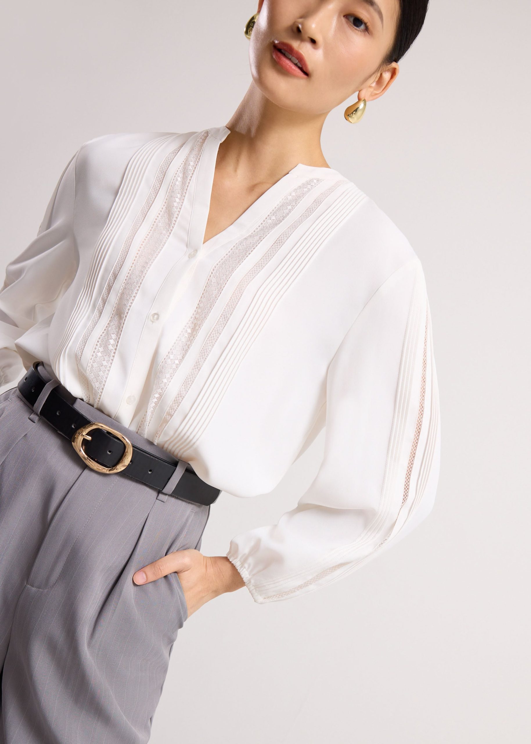 Chea Lace Trim Pintuck Button Down Blouse - Image 2