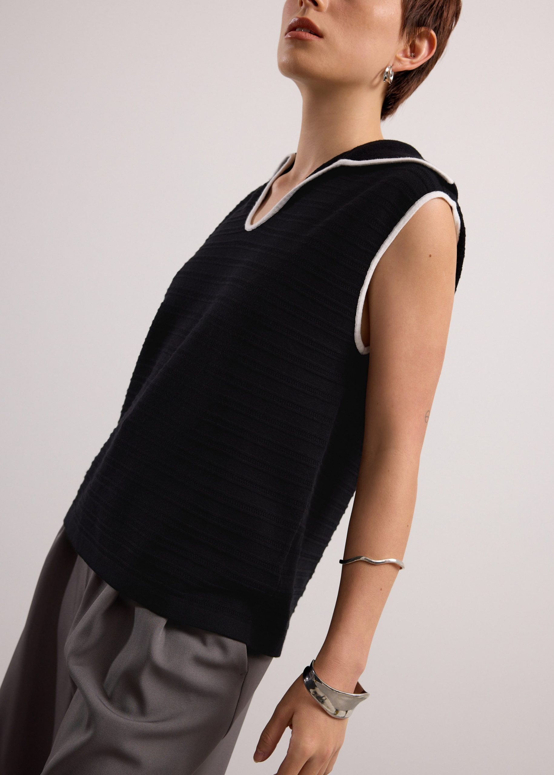 Relaxed Contrast Pointelle Collared Top - Image 3