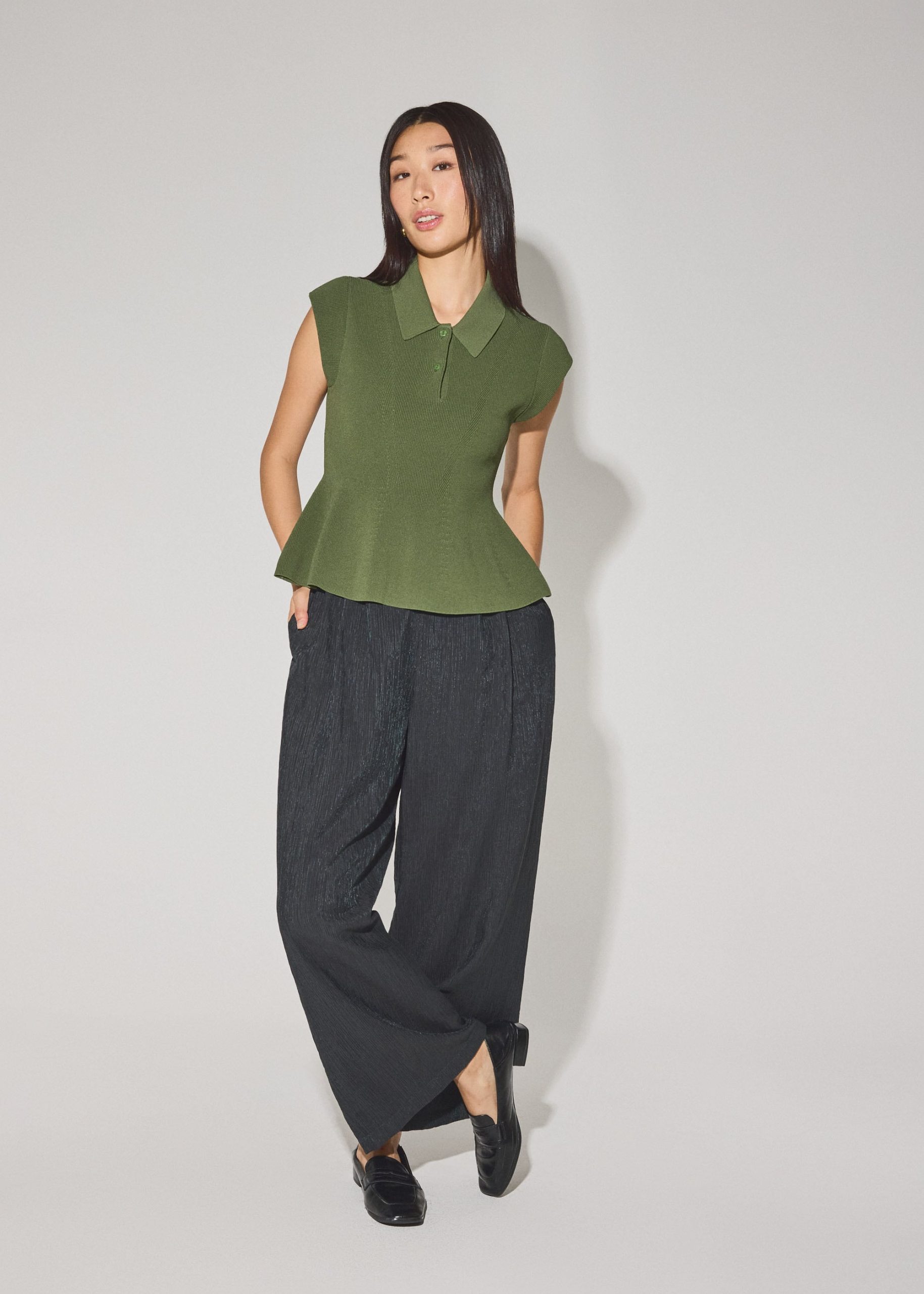 Knit Collared Peplum Polo Top - Image 13
