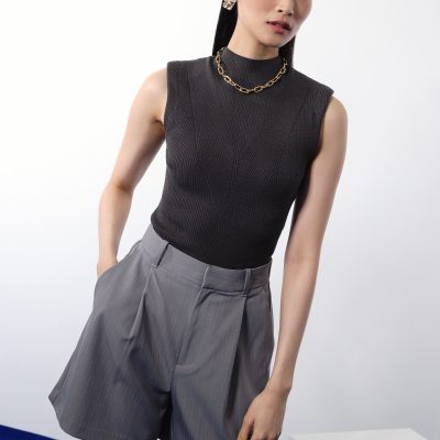 Rae Shoulder Padded Knit Mock Neck Top