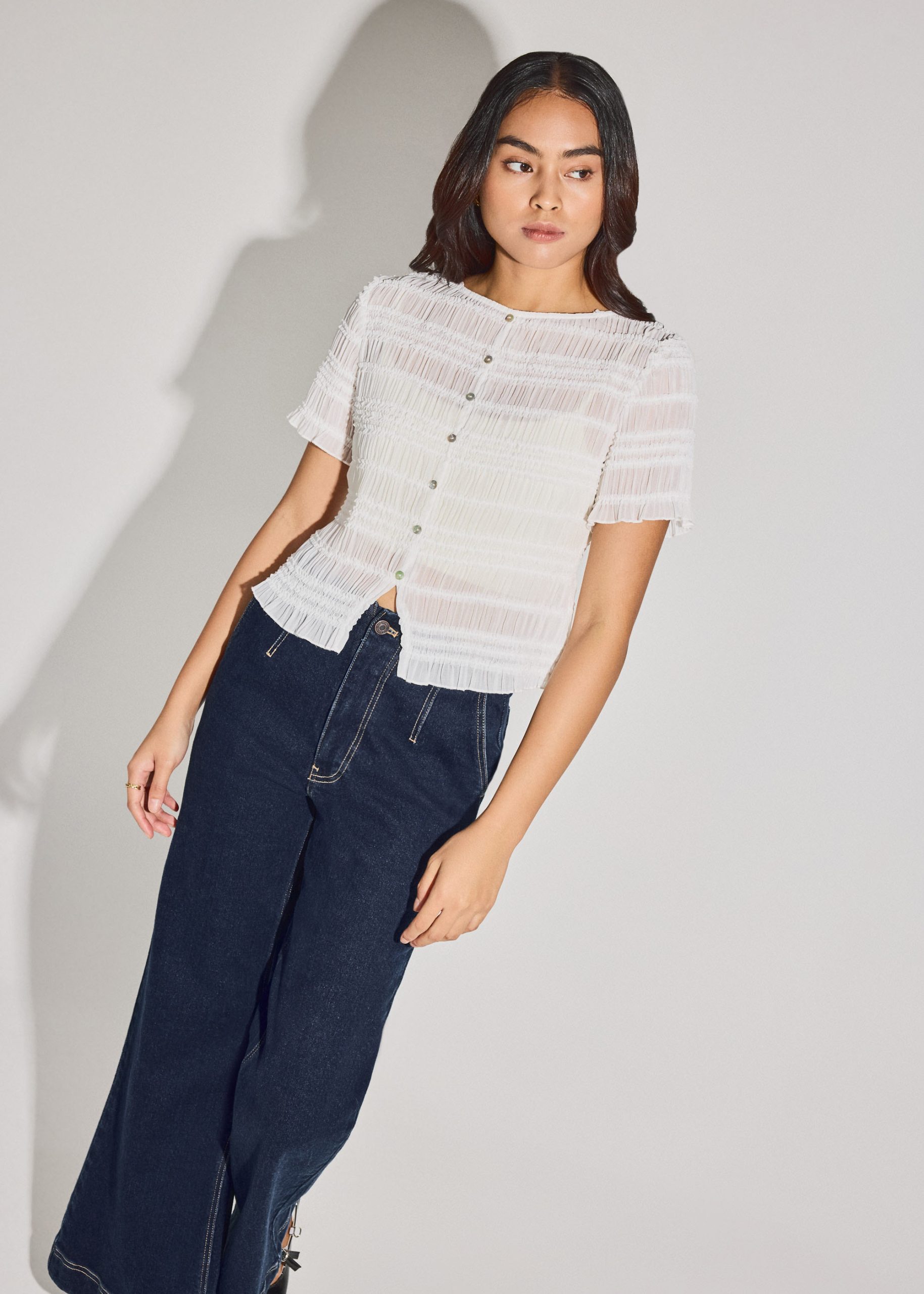 Sheer Crinkled Boat Neck Fitted Button Down Top - Image 10