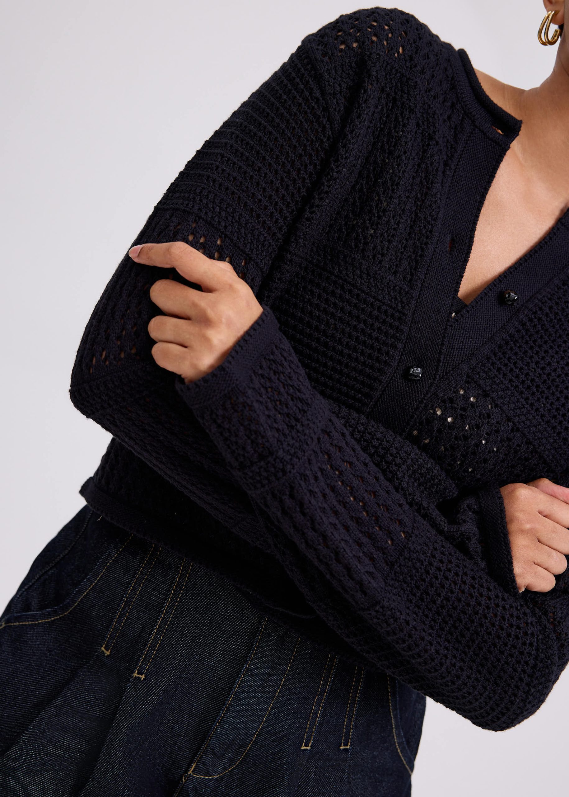 Relaxed Pointelle Knit Round Neck Cardigan - Image 3