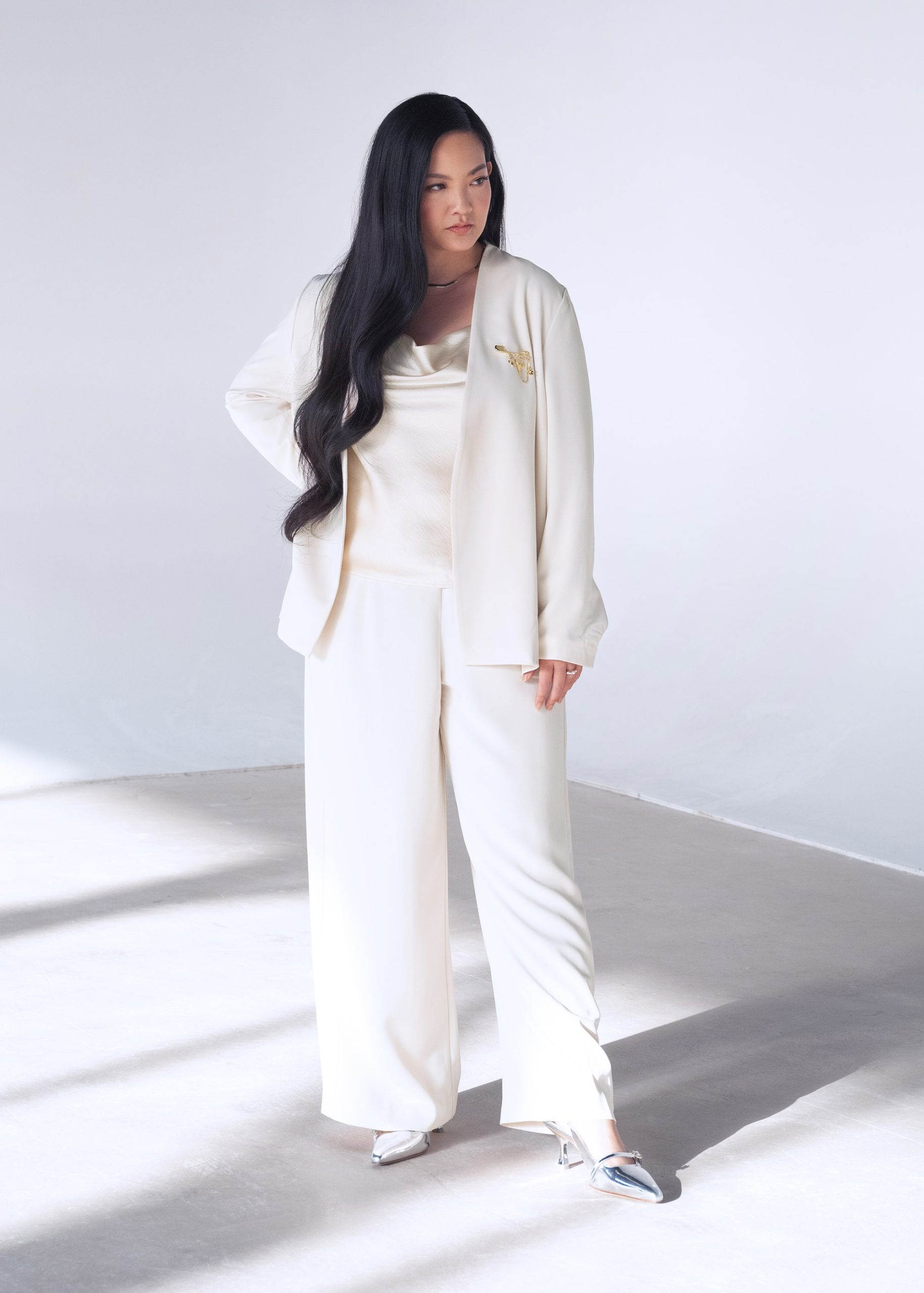 Love Bonito x AAGC Limited-edition RuchedReady® Moira Belted Collarless Blazer (in Tofu) - Image 4