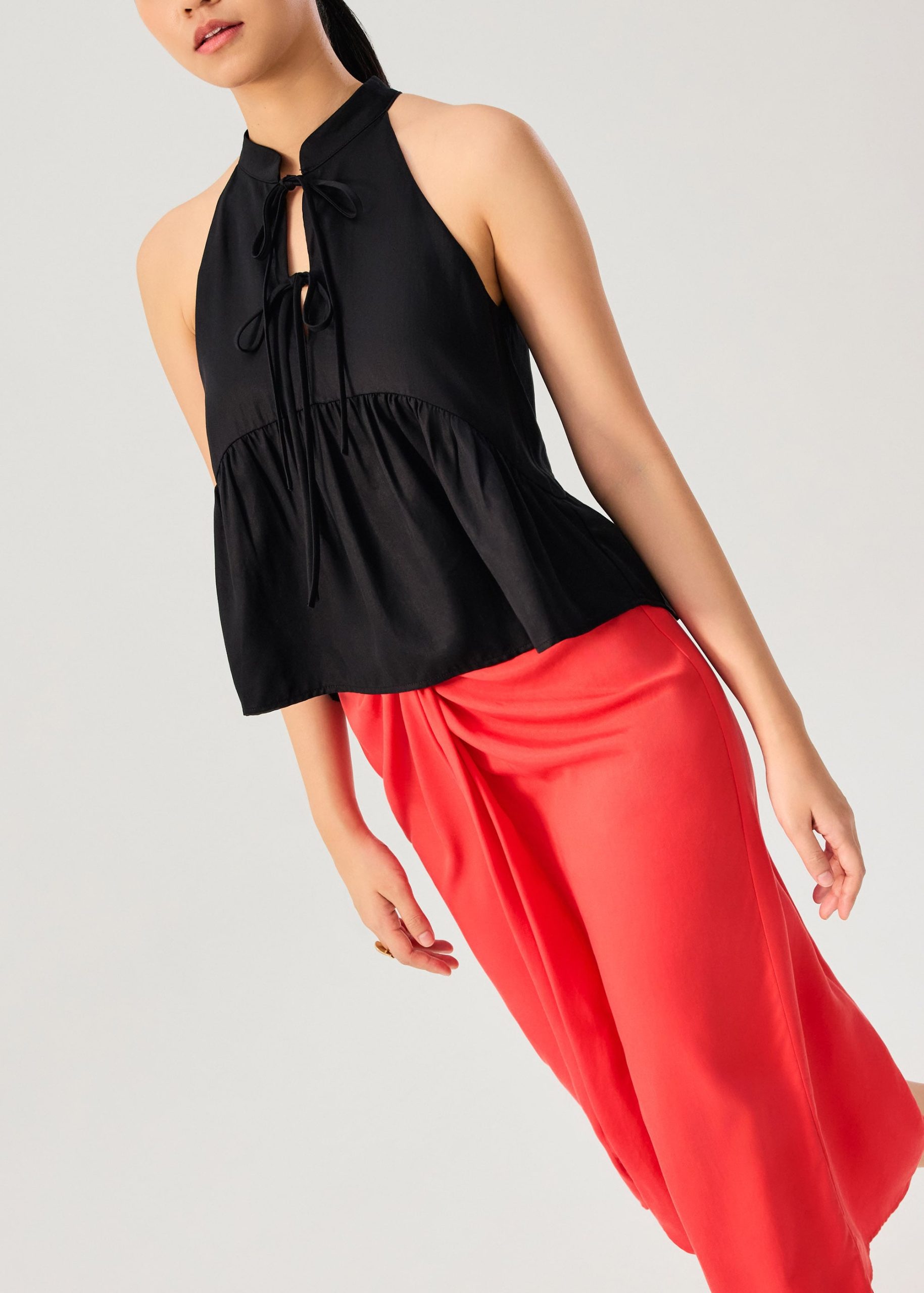 Lyocell Pleated Front Tie Mandarin Collar Peplum Shell Top - Image 5
