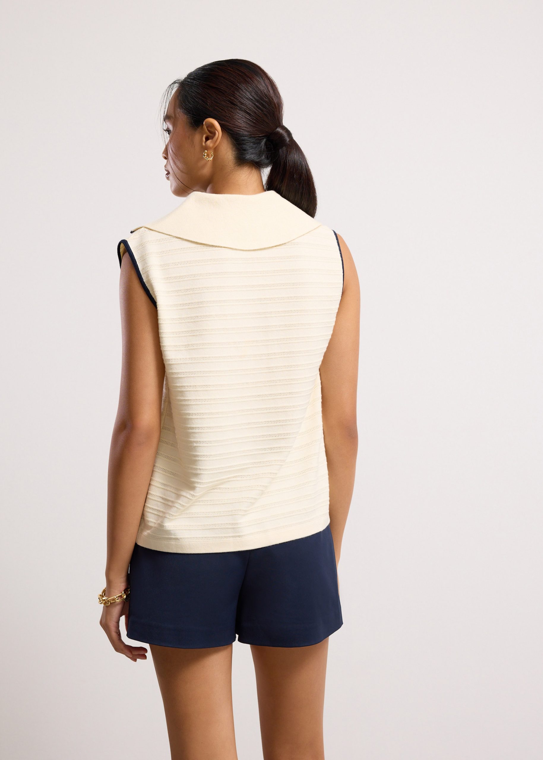 Relaxed Contrast Pointelle Collared Top - Image 11