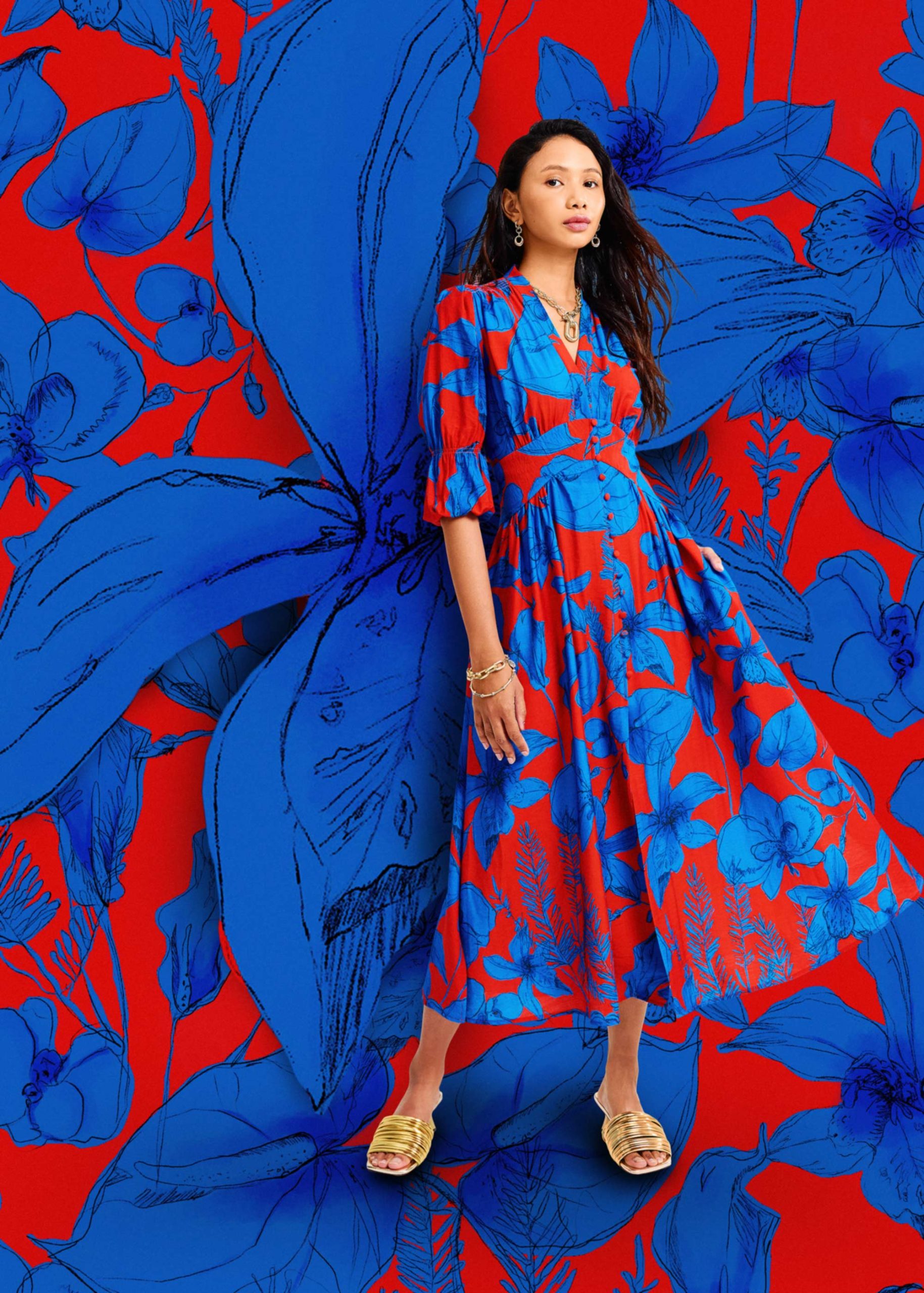 V-neck Puff Sleeve Fit & Flare Midaxi Dress in Garden City Blooms - Image 8