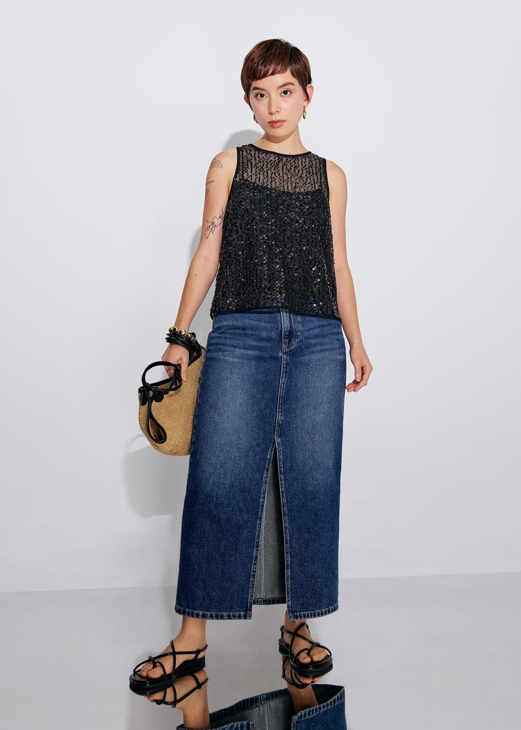 Minsi Denim Front Slit Column Midi Skirt - Image 4