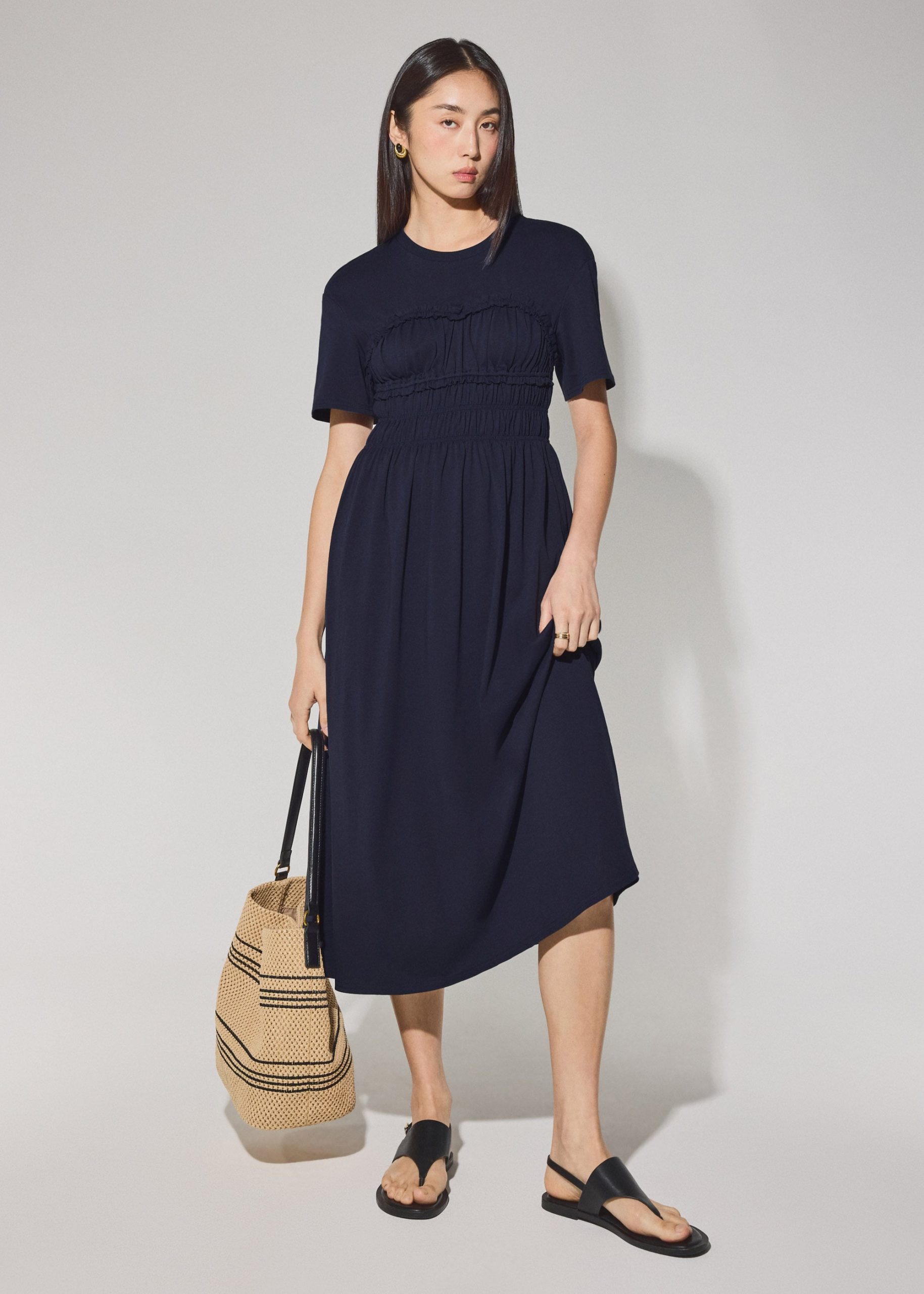 Jersey Ruched Bodice Round Neck Midi Dress - Image 2
