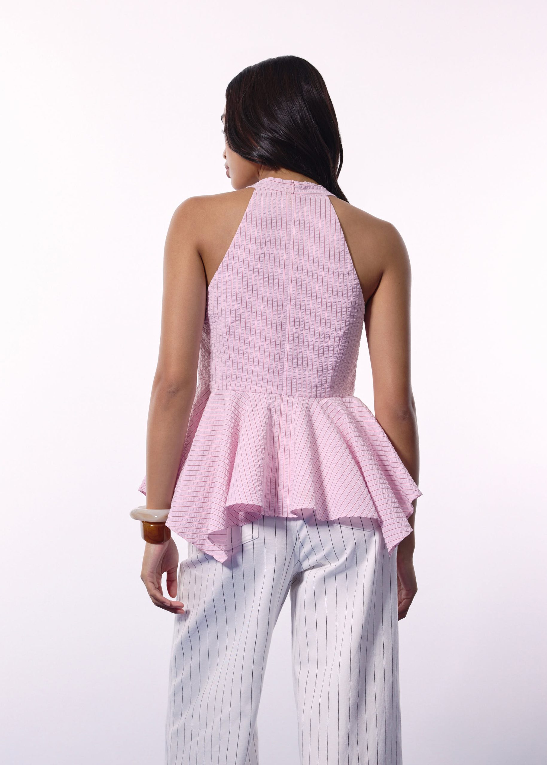 Pinstripe Seersucker Halter Peplum Top - Image 4
